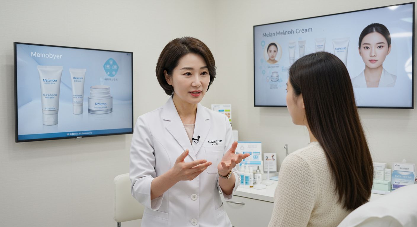 현대적인 피부과에서 의사가 젊은 여성에게 멜라논크림의 효과를 설명하는 장면