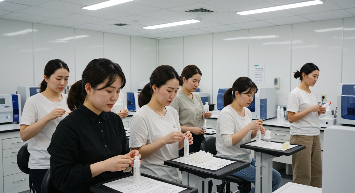 연구소에서 스킨케어 제품 임상 시험에 참여하는 다양한 한국 여성들