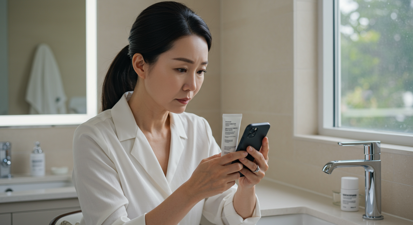 집에서 멜라논크림 사용 전 휴대폰으로 부작용 정보를 읽는 조심스러운 여성
