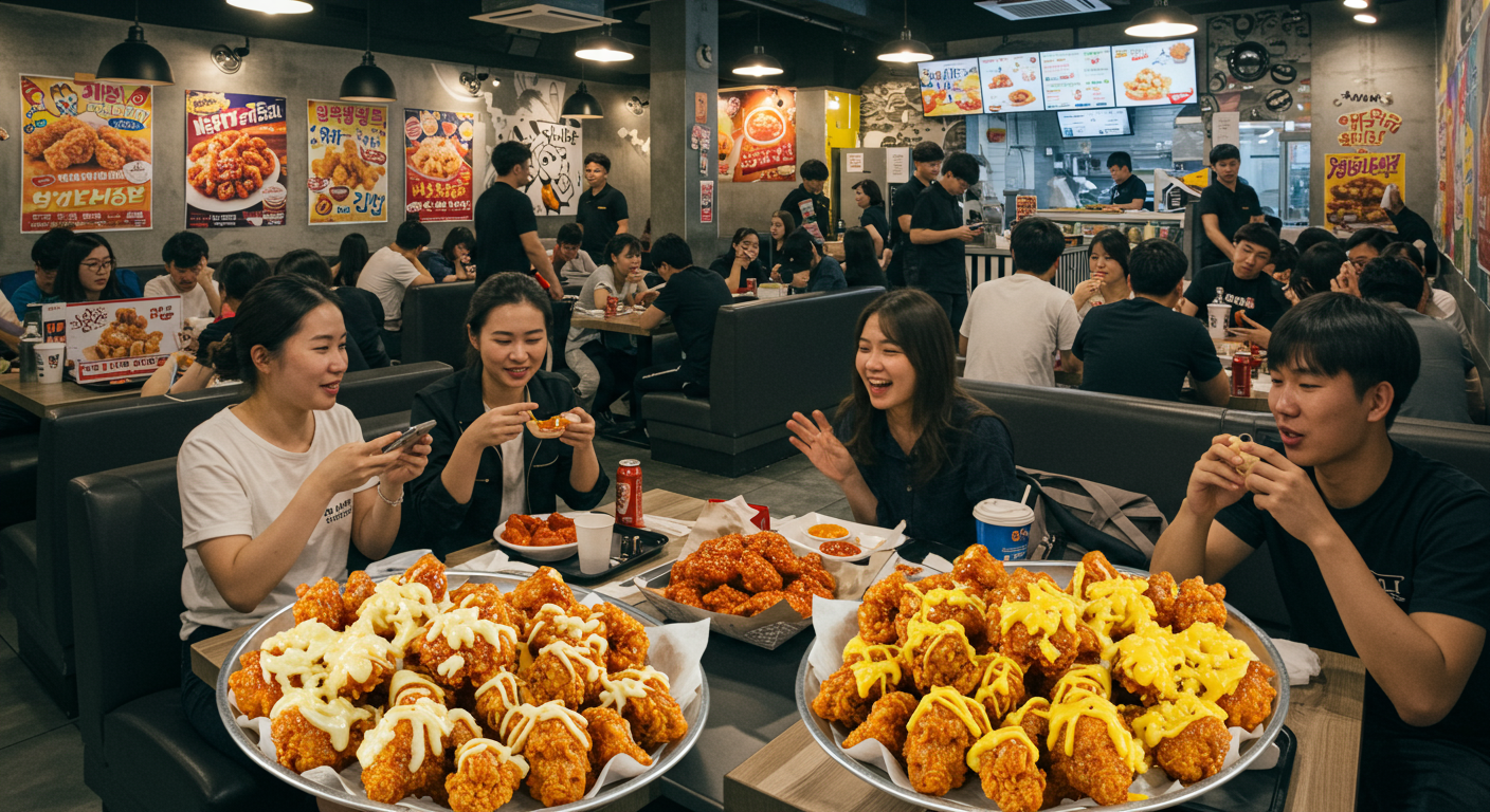 젊은 사람들이 다양한 치즈 코팅 치킨을 즐기는 한국 프라이드 치킨 레스토랑 내부 모습