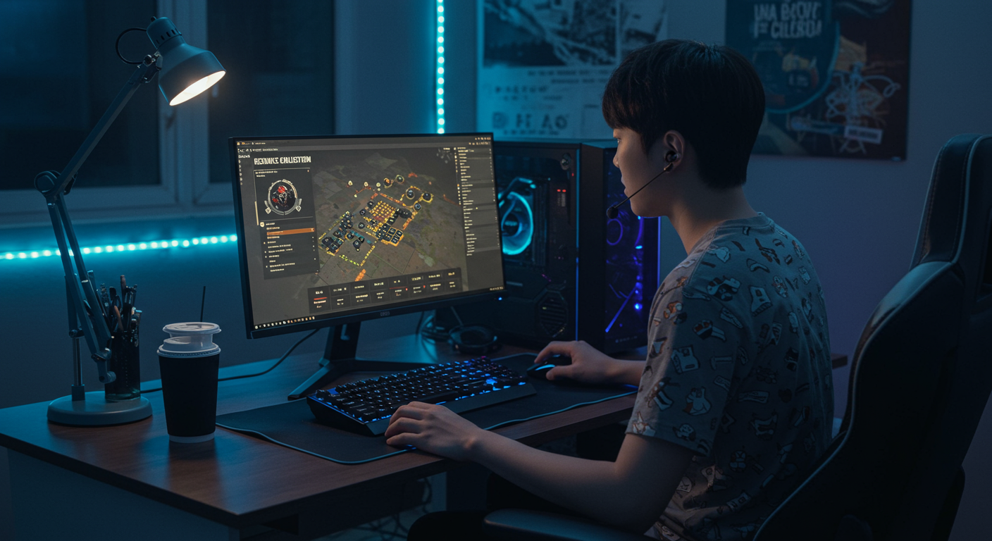 최신 게임 장비 앞에 앉아 자원 채집 전략을 연구하는 게이머