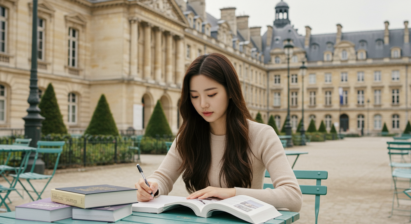 파리의 명문대 캠퍼스에서 책과 노트북을 놓고 공부하는 젊은 여성