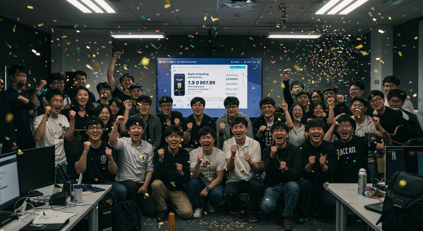 서울의 게임 개발 사무실에서 메이플 키우기 출시 성공을 축하하며 기뻐하는 개발자들