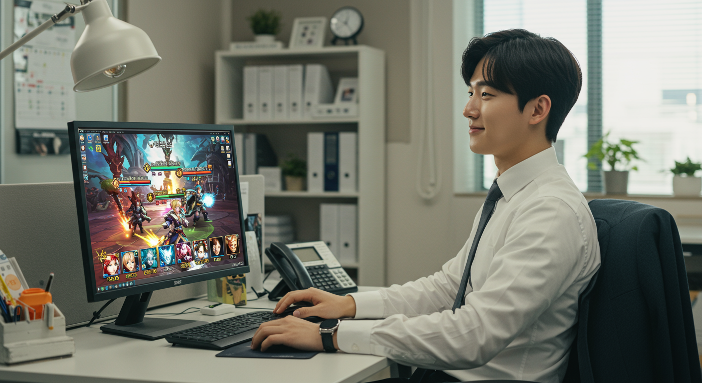 사무실 책상에 앉아 자동전투 RPG 게임을 즐기는 직장인의 모습