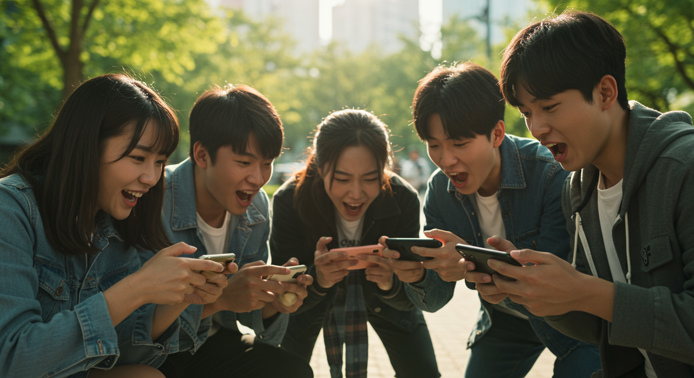 도시 공원에서 스마트폰으로 PvP 대전을 펼치는 청소년들의 집중된 모습