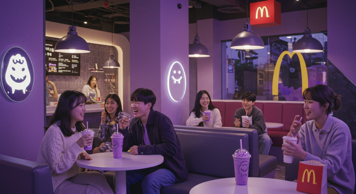 맥도날드에서 보라빛 그리머스 쉐이크를 즐기는 젊은이들의 모습