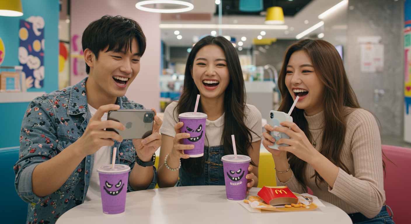 맥도날드 매장에서 그리머스 쉐이크 사진을 찍으며 SNS에 올릴 준비를 하는 친구들