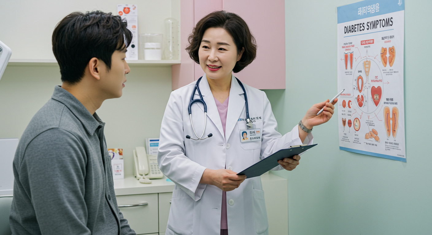 현대적인 클리닉에서 의료 전문가가 젊은 성인에게 당뇨 증상에 대해 상담하는 장면