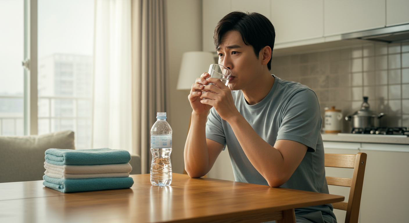 과도한 갈증과 잦은 소변을 겪고 있는 한국인의 걱정스러운 모습
