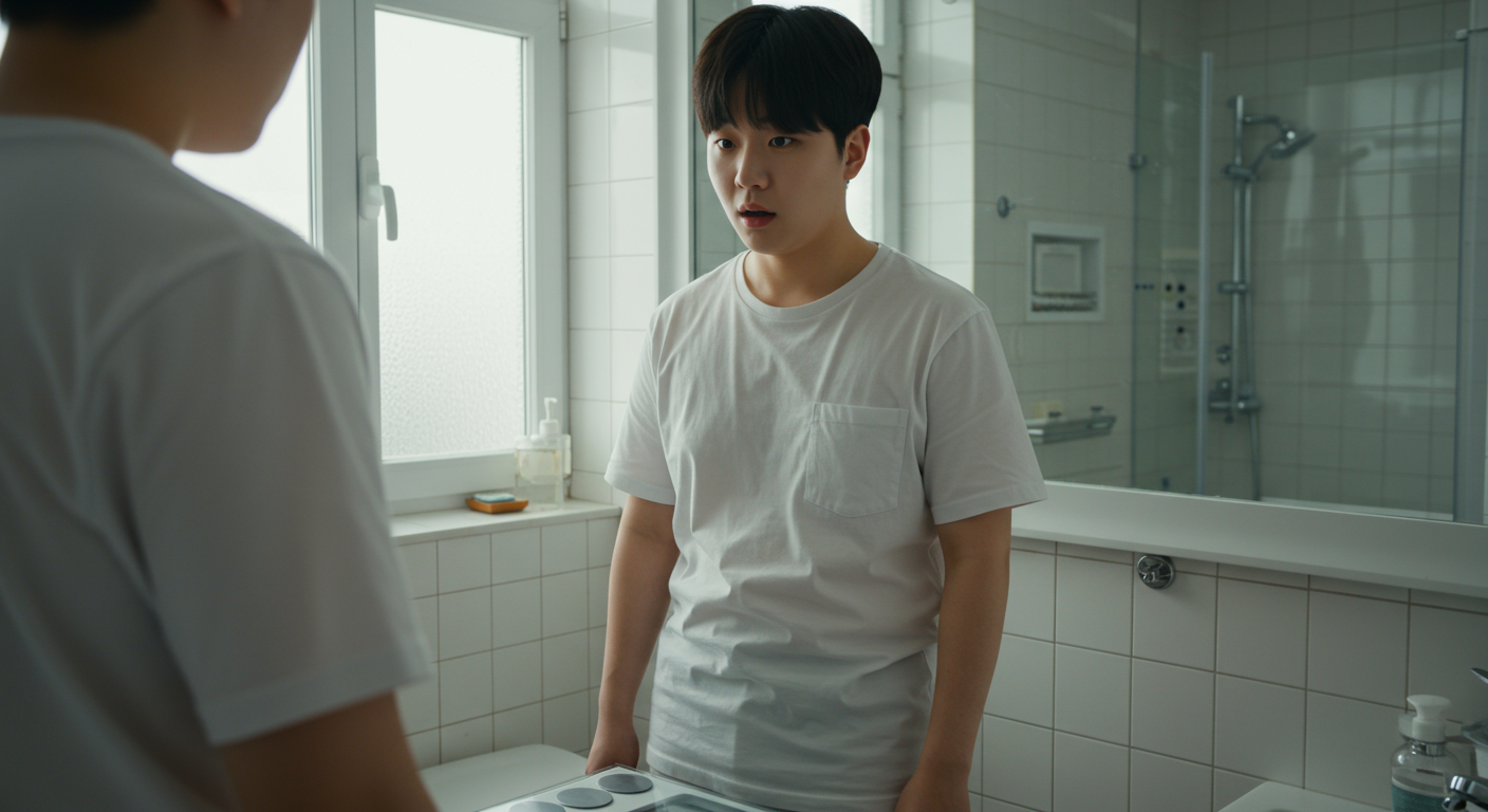 갑작스런 체중 감소를 깨닫고 욕실 거울 앞에서 몸무게를 확인하는 모습