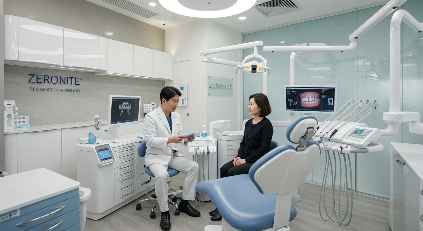 서울의 현대적인 치과에서 한국인 환자와 제로네이트 시술 상담 중인 치과 의사의 모습