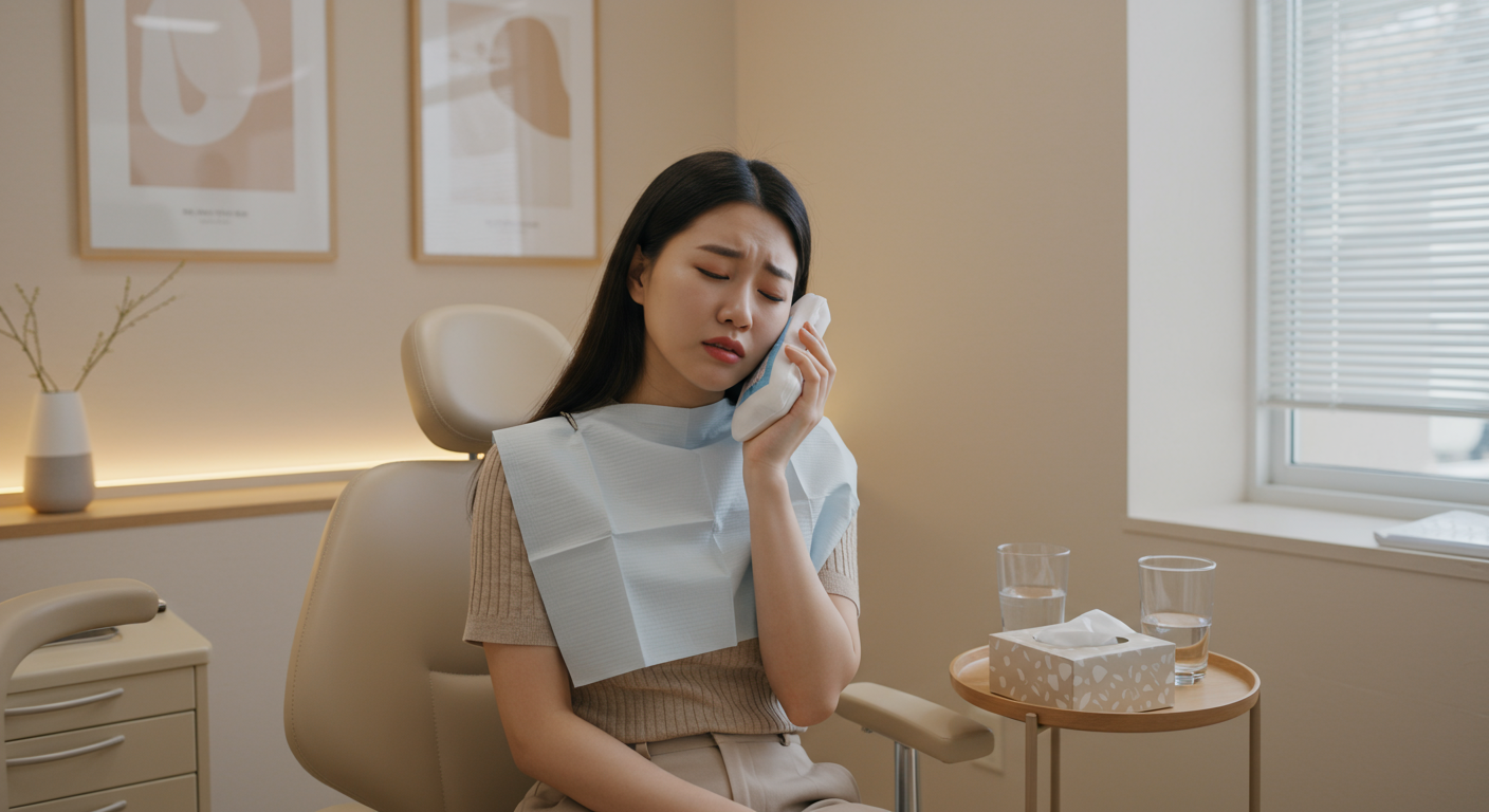 편안한 회복실에서 베니어 시술 후 약간의 불편함을 겪고 있는 한국인 환자의 모습