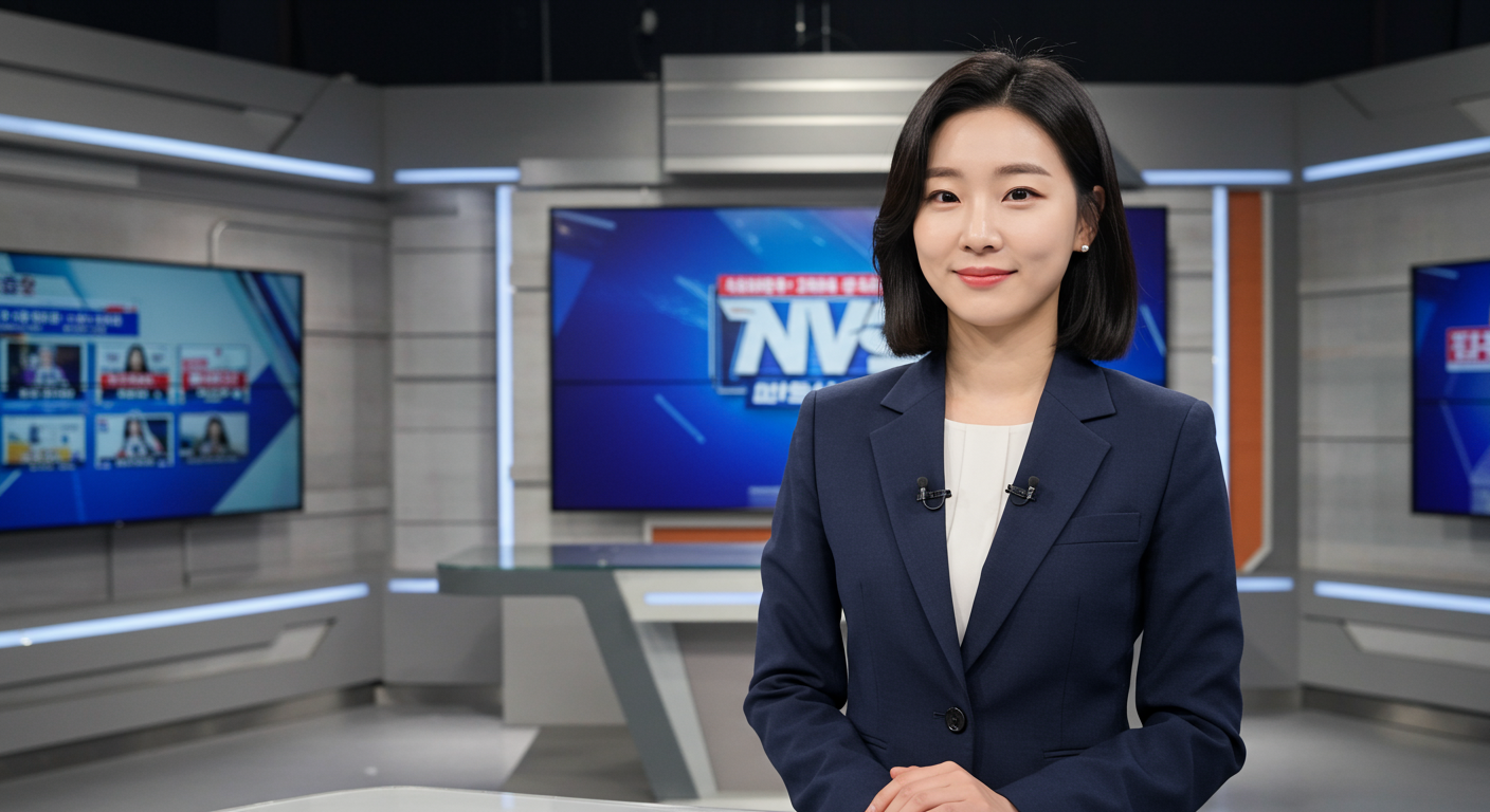 현대적인 방송 스튜디오에서 자신감 있게 생방송을 진행하는 여성 아나운서의 모습
