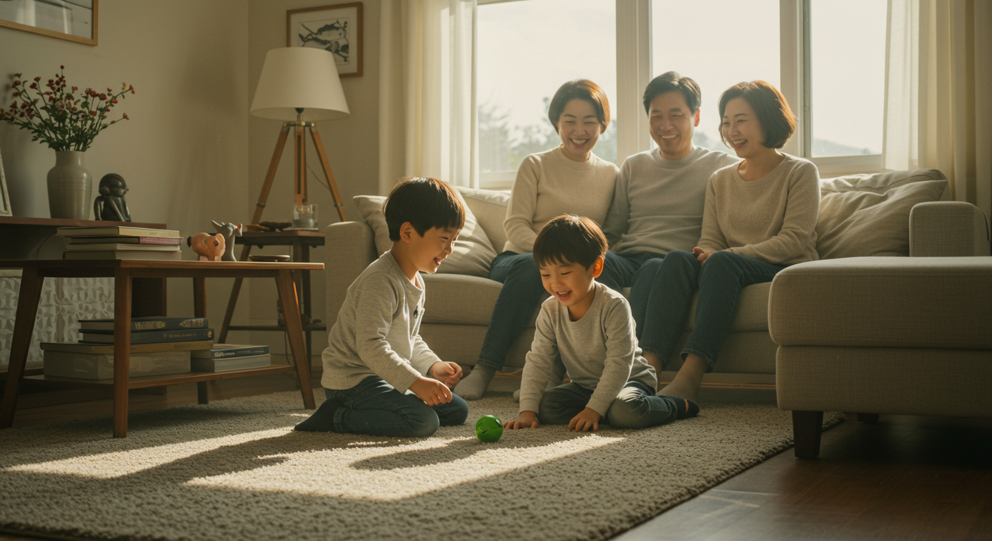 따뜻한 거실에서 두 아들과 함께 시간을 보내는 행복한 가족의 모습