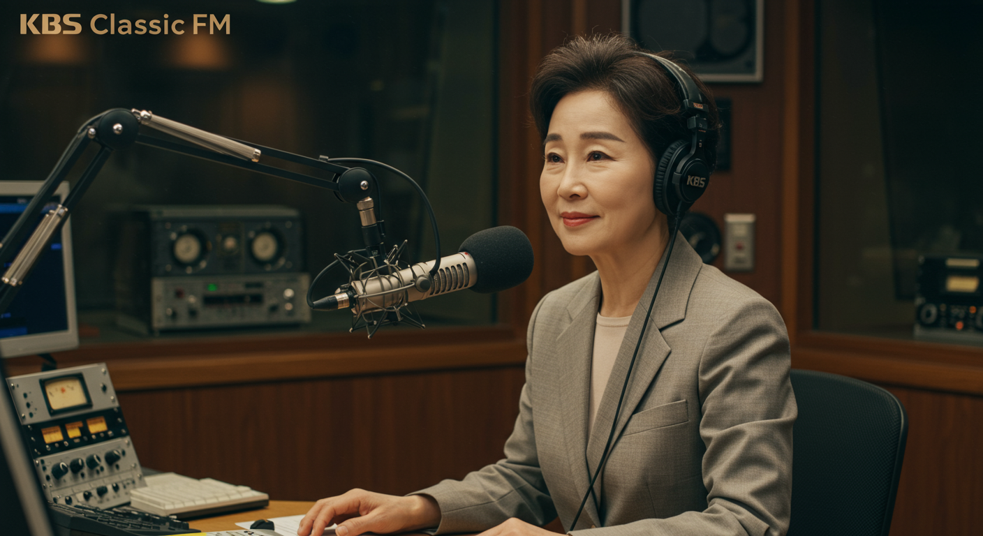 KBS 클래식 FM 스튜디오에서 라디오 쇼를 진행하는 베테랑 여성 방송인의 모습