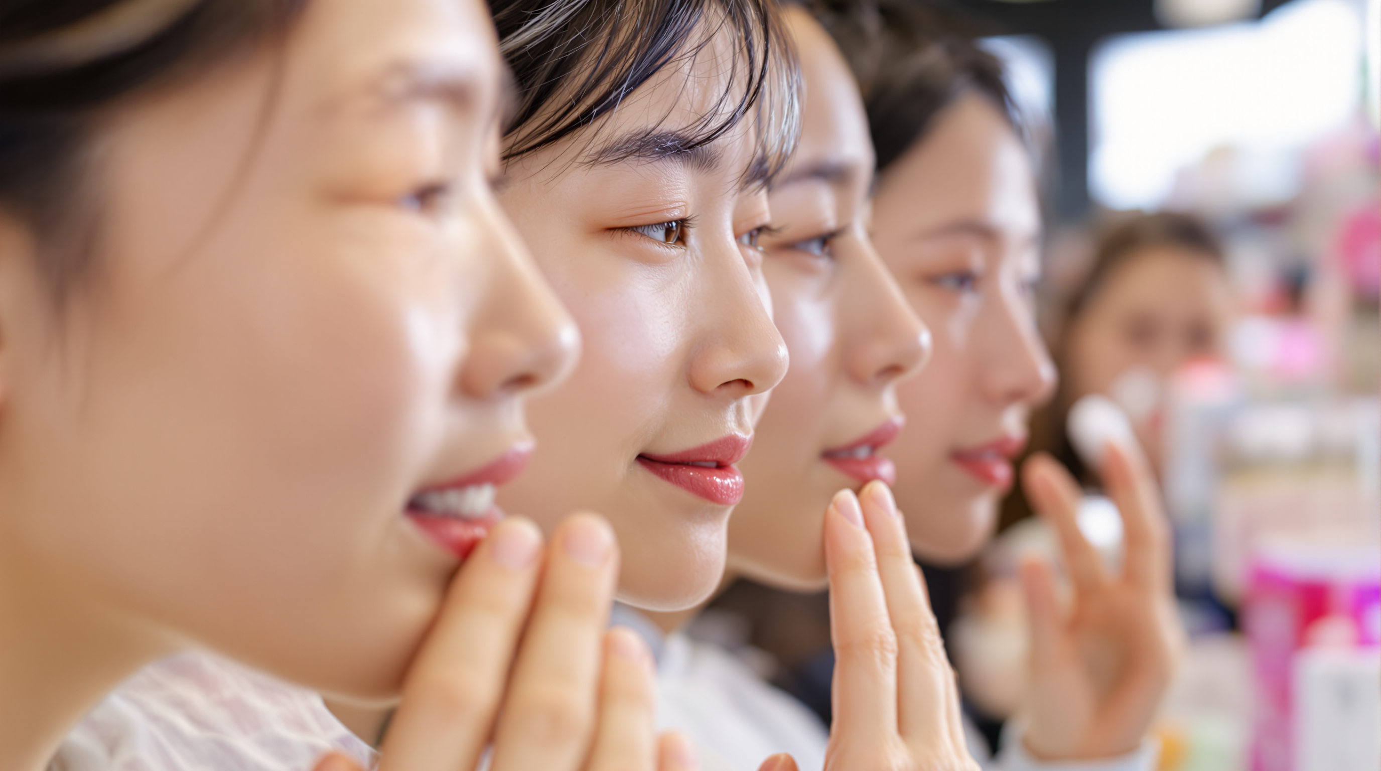 다양한 피부 타입의 사람들이 스킨케어 제품을 테스트하는 모습