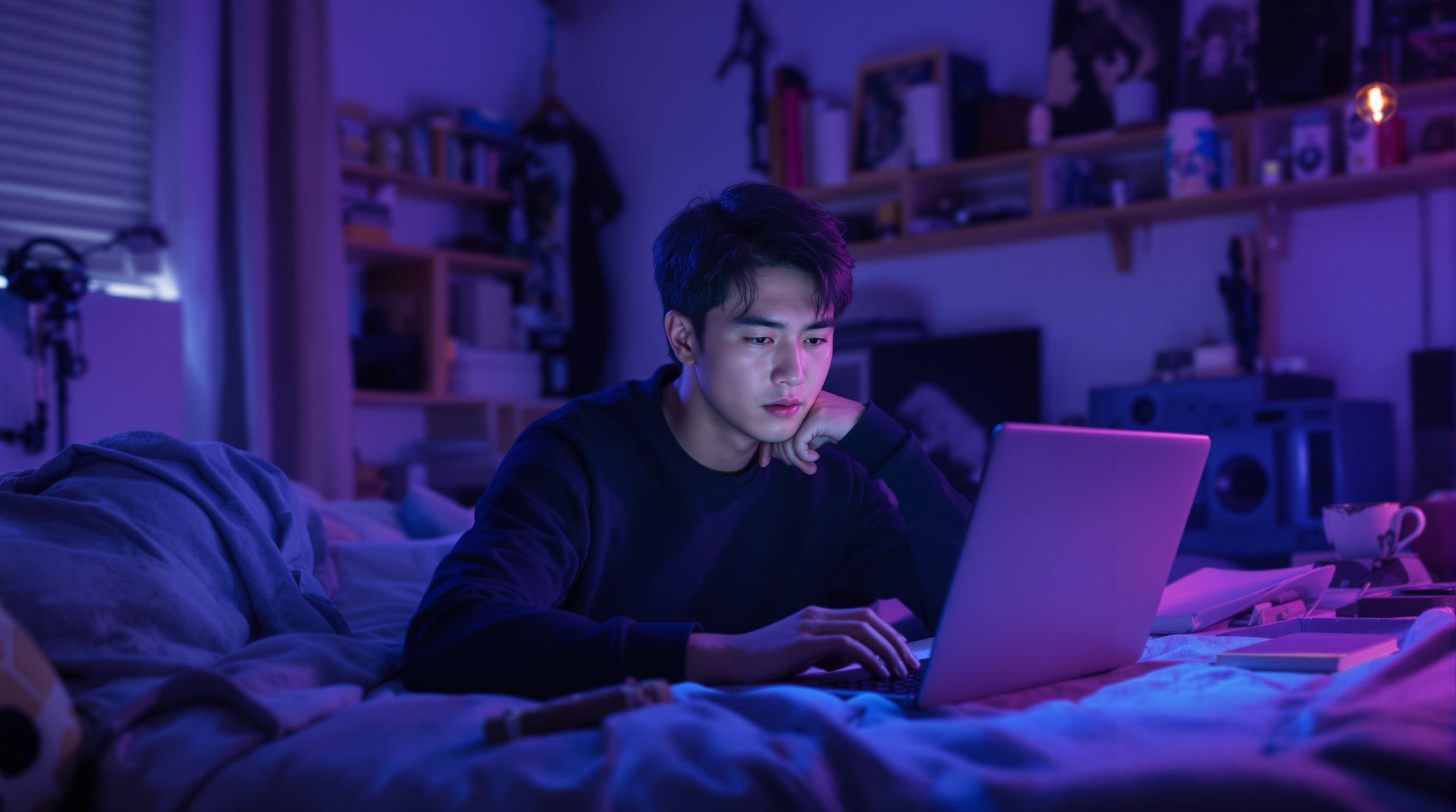 한국의 대학생이 게임 중 느린 성능에 불만스러운 모습으로 노트북을 사용하는 장면