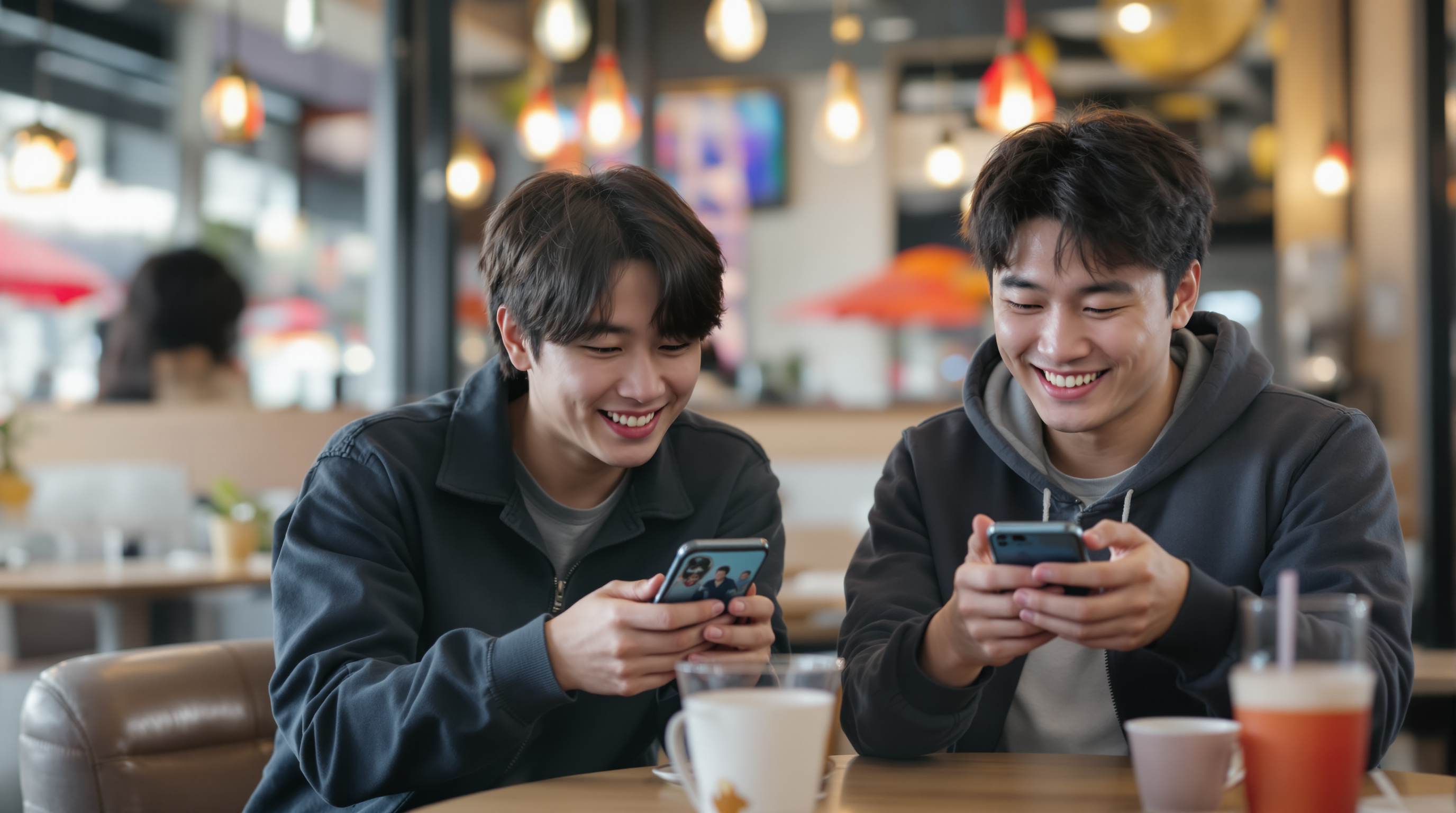 젊은이들이 카페에서 스마트폰으로 프레데터 영화 클립을 공유하는 모습