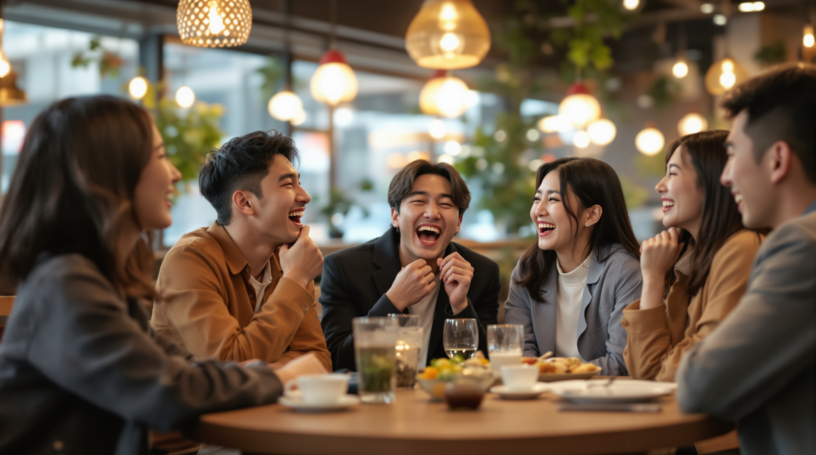 카페에서 친구들이 모여 앉아 아재개그를 듣고 웃고 있는 장면
