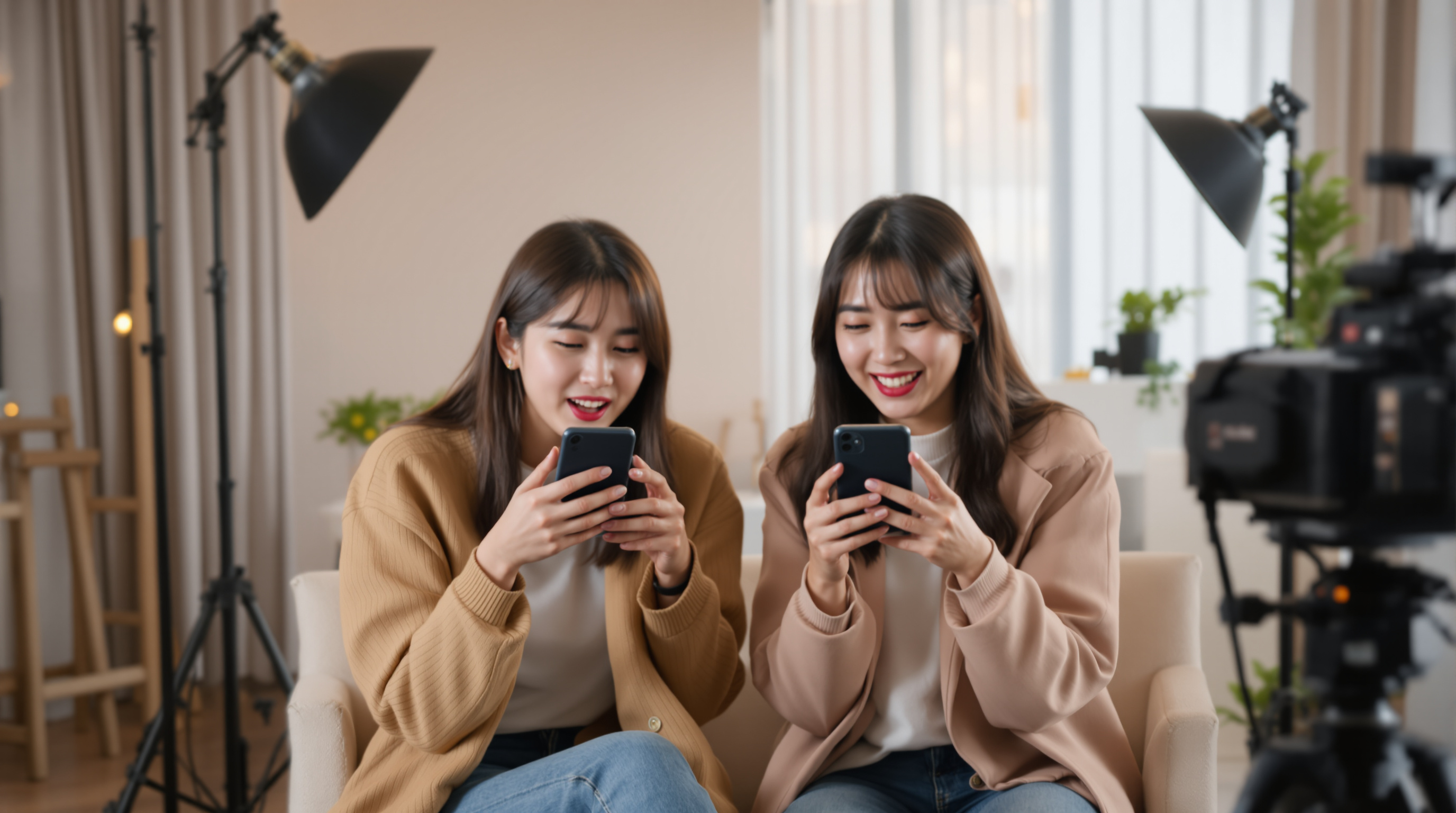 젊은 인플루언서들이 스튜디오에서 짧은 개그 영상을 촬영하는 모습