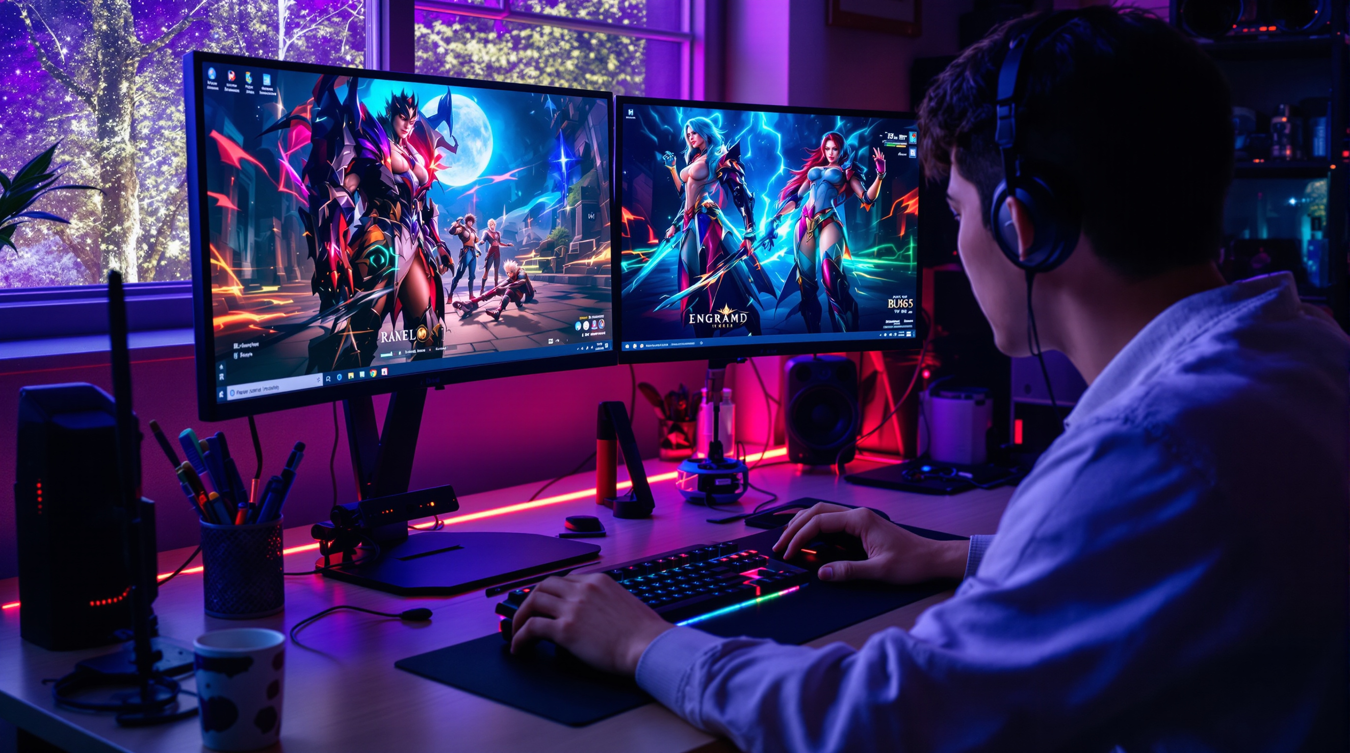 듀얼 모니터와 RGB 조명으로 최적화된 고성능 게이밍 PC를 조립하는 기술 애호가