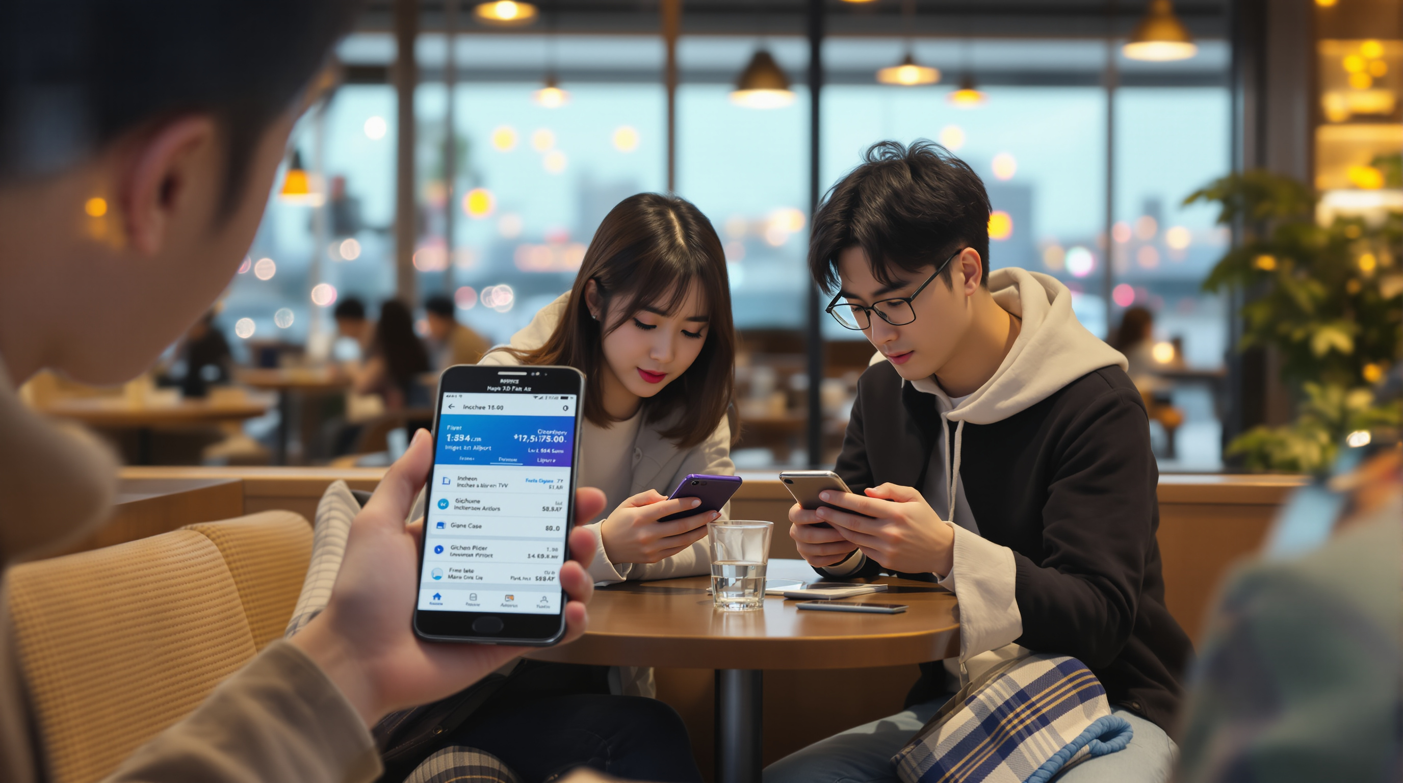 카페에서 스마트폰으로 인천과 김해 출발 항공편을 확인하는 커플