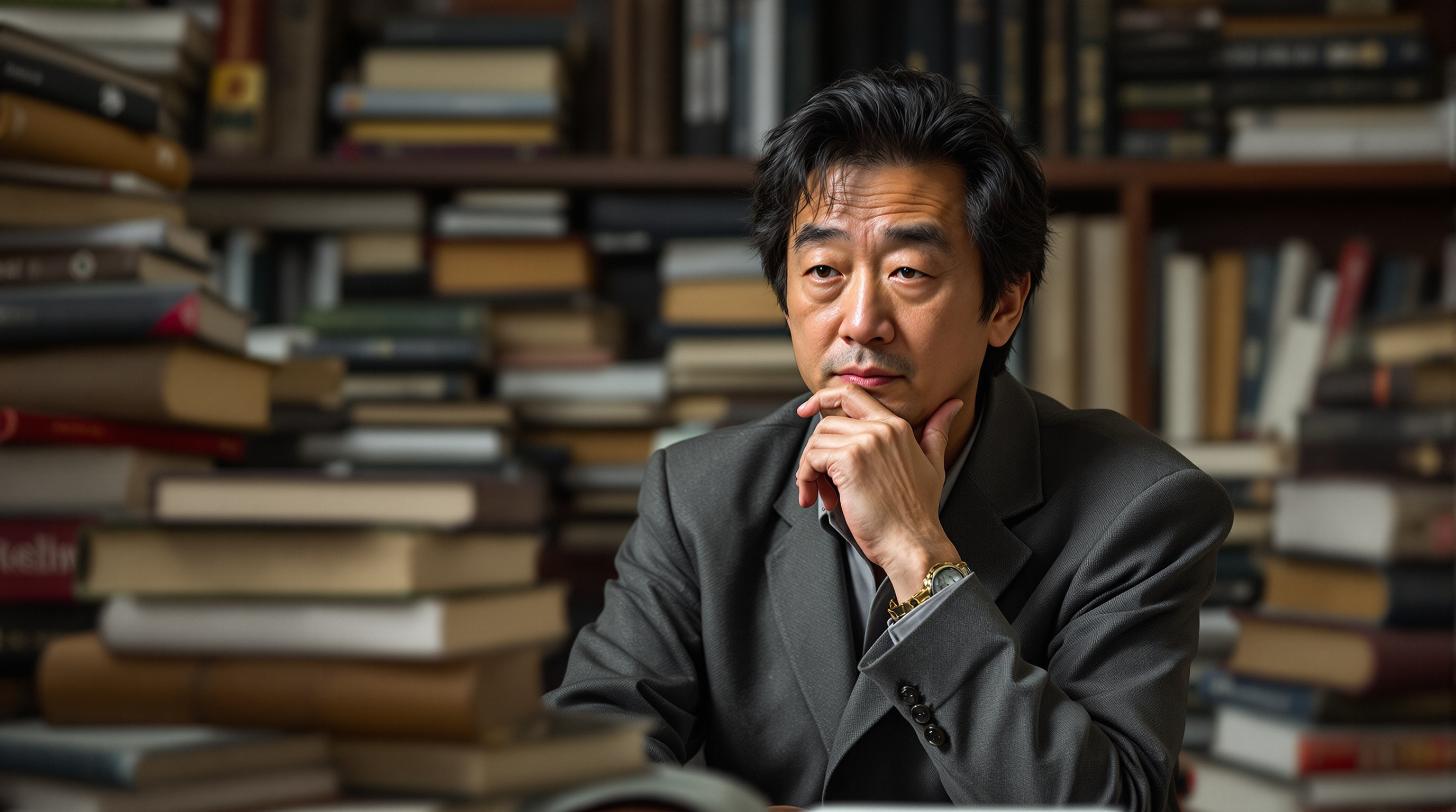 책으로 둘러싸인 일본 작가의 사색적인 초상화