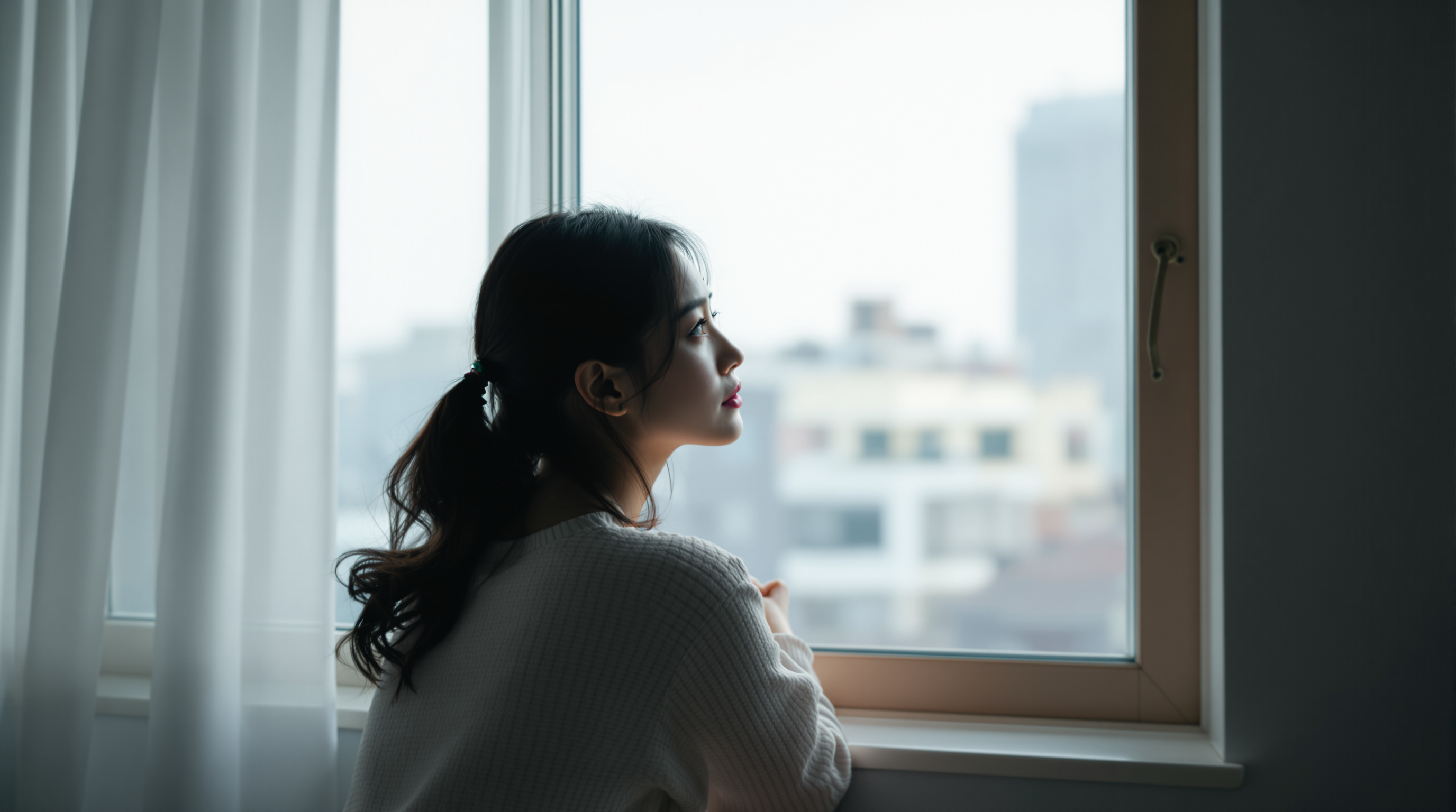 창밖을 바라보며 외로움과 절망에 빠진 여성