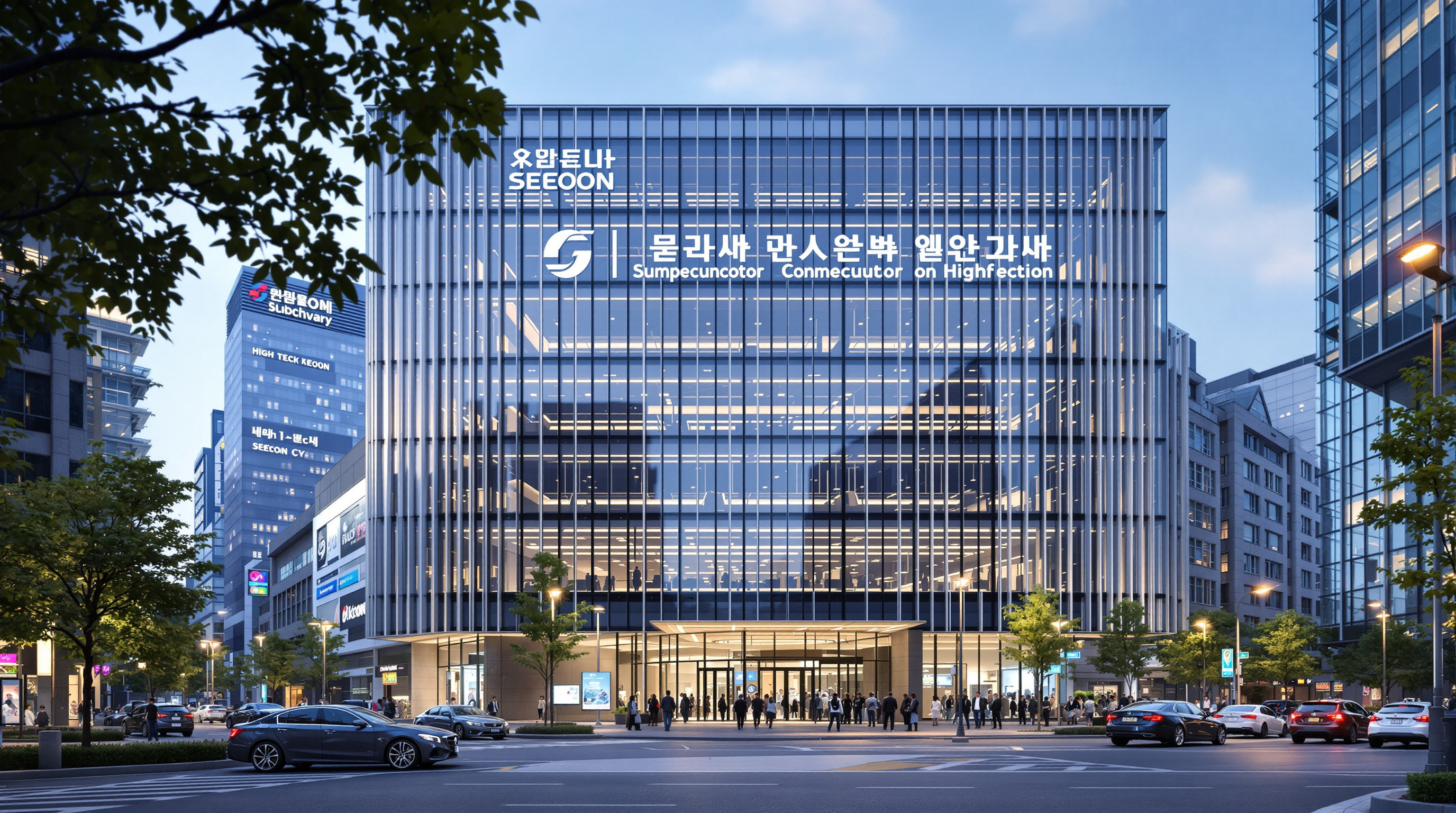 서울에 위치한 첨단 기술 반도체 회사의 현대적 사무실 건물 외관