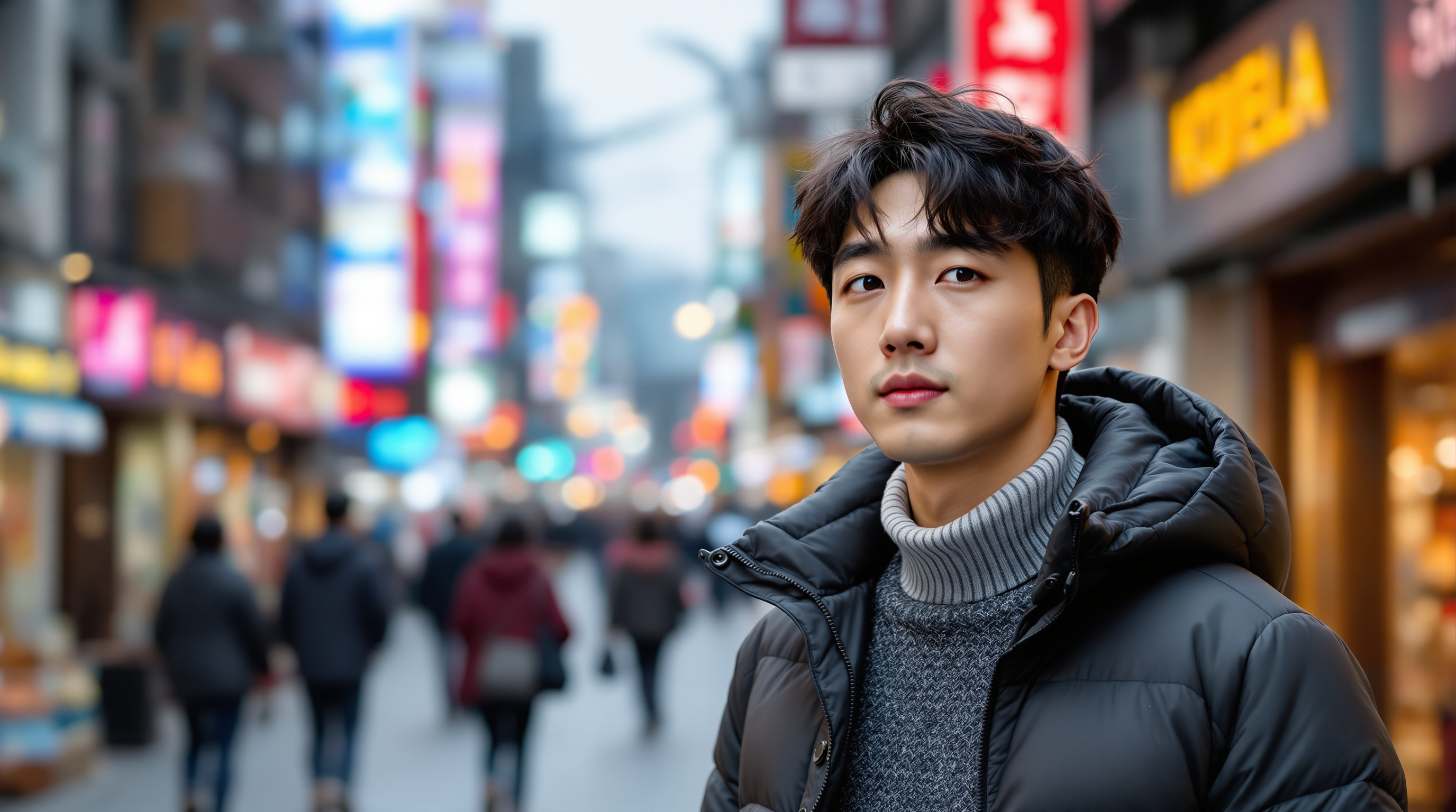 서울 거리에서 스타일리시한 니트와 경량 패딩을 입고 있는 젊은 남성