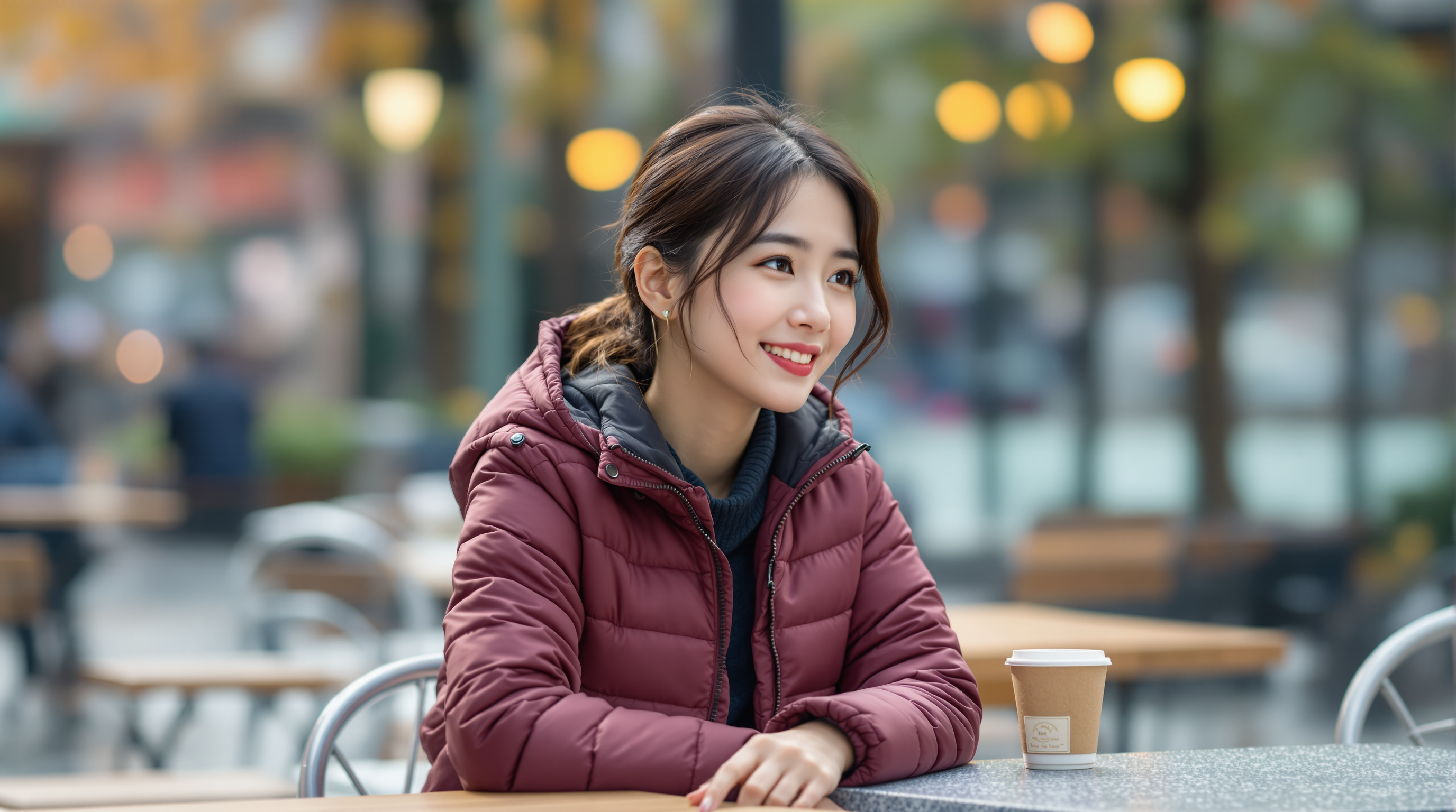 야외 카페에서 버건디 색상의 경량 패딩을 입고 있는 여성