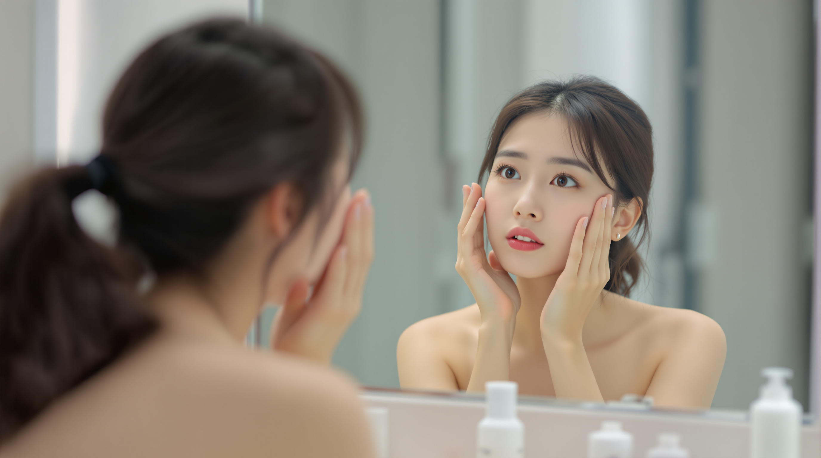 화장실에서 거울을 보며 피부를 살피는 여성의 모습