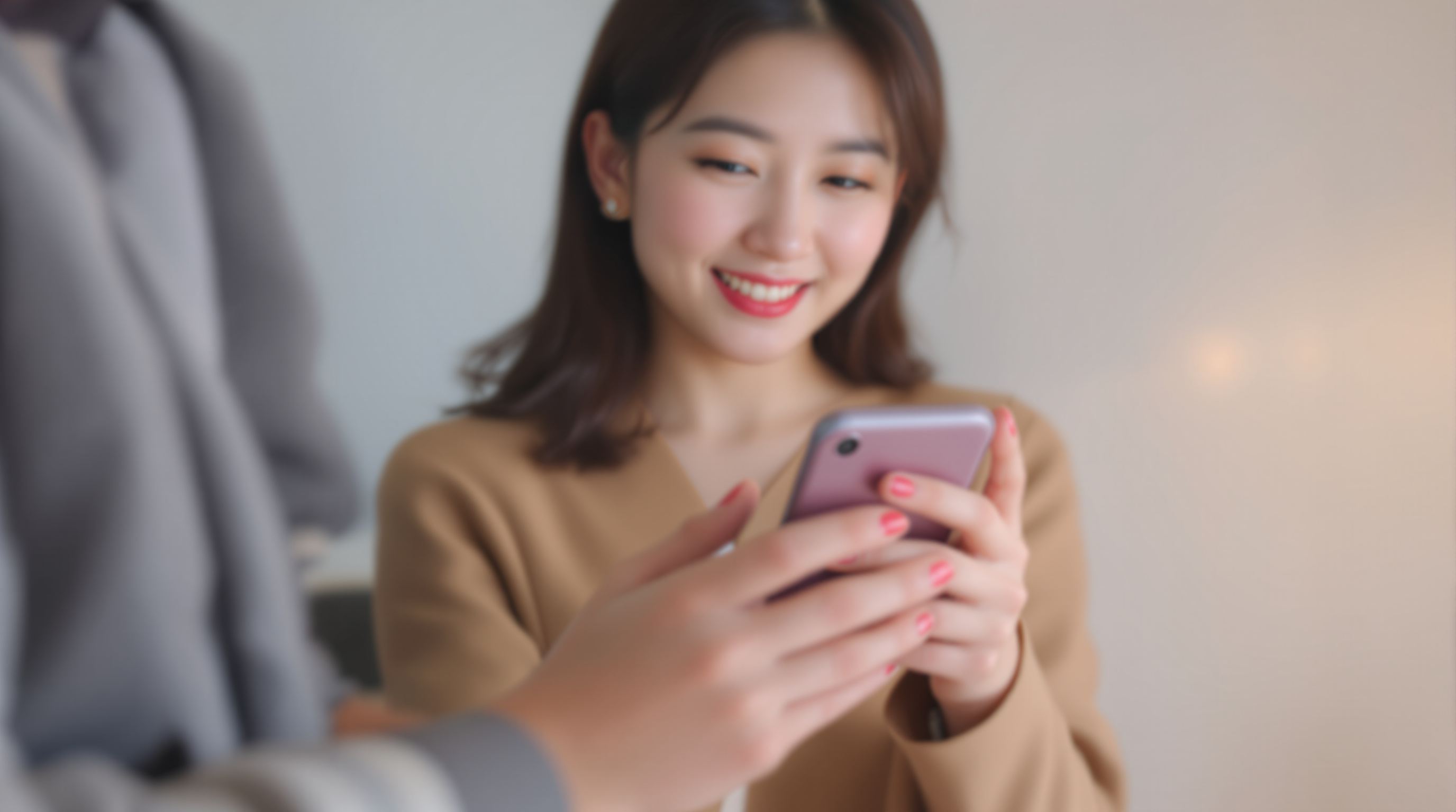 스마트폰으로 여러 프로필을 설정 중인 현대 여성의 모습