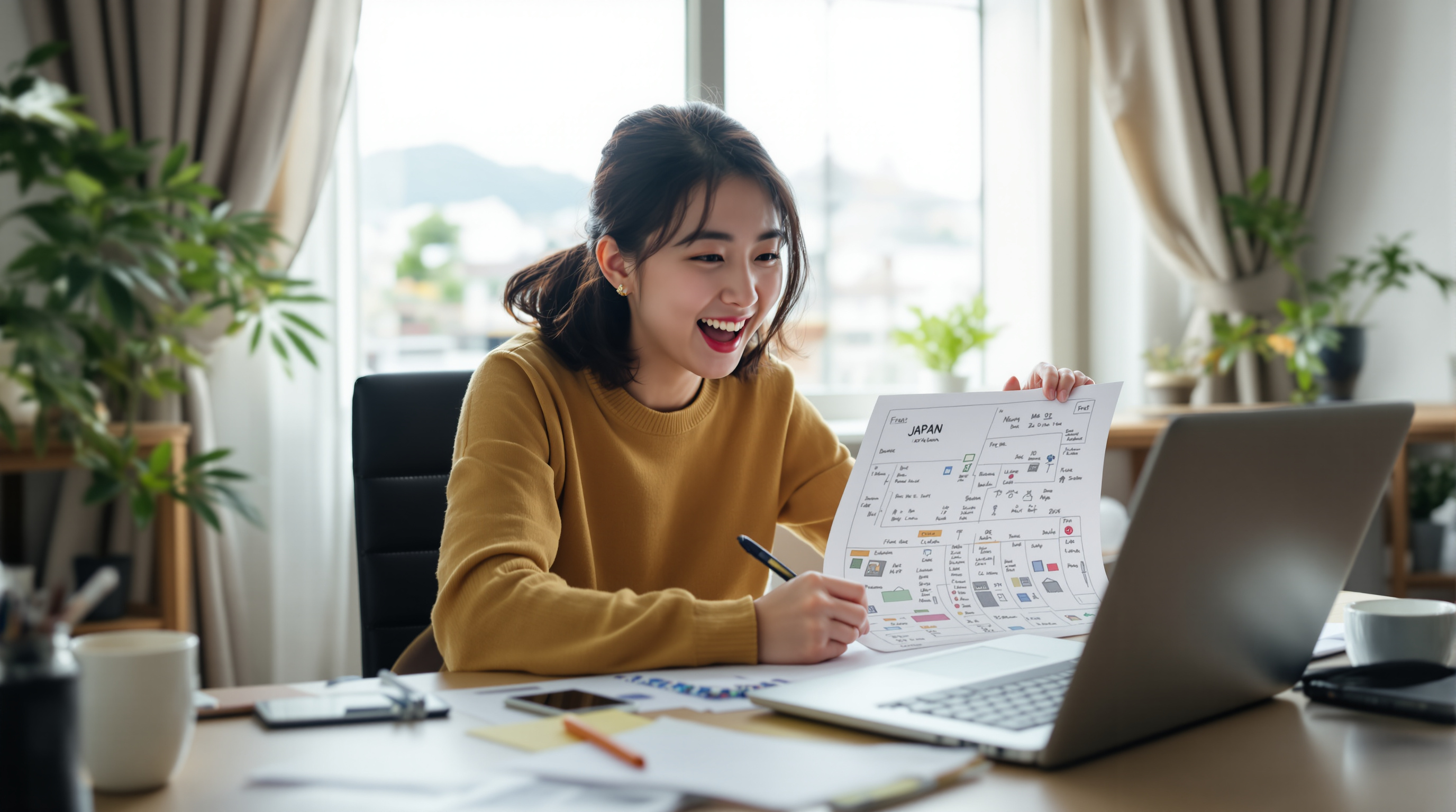 집에서 노트북을 보며 일본 여행 계획을 세우는 한국인 여행자의 모습