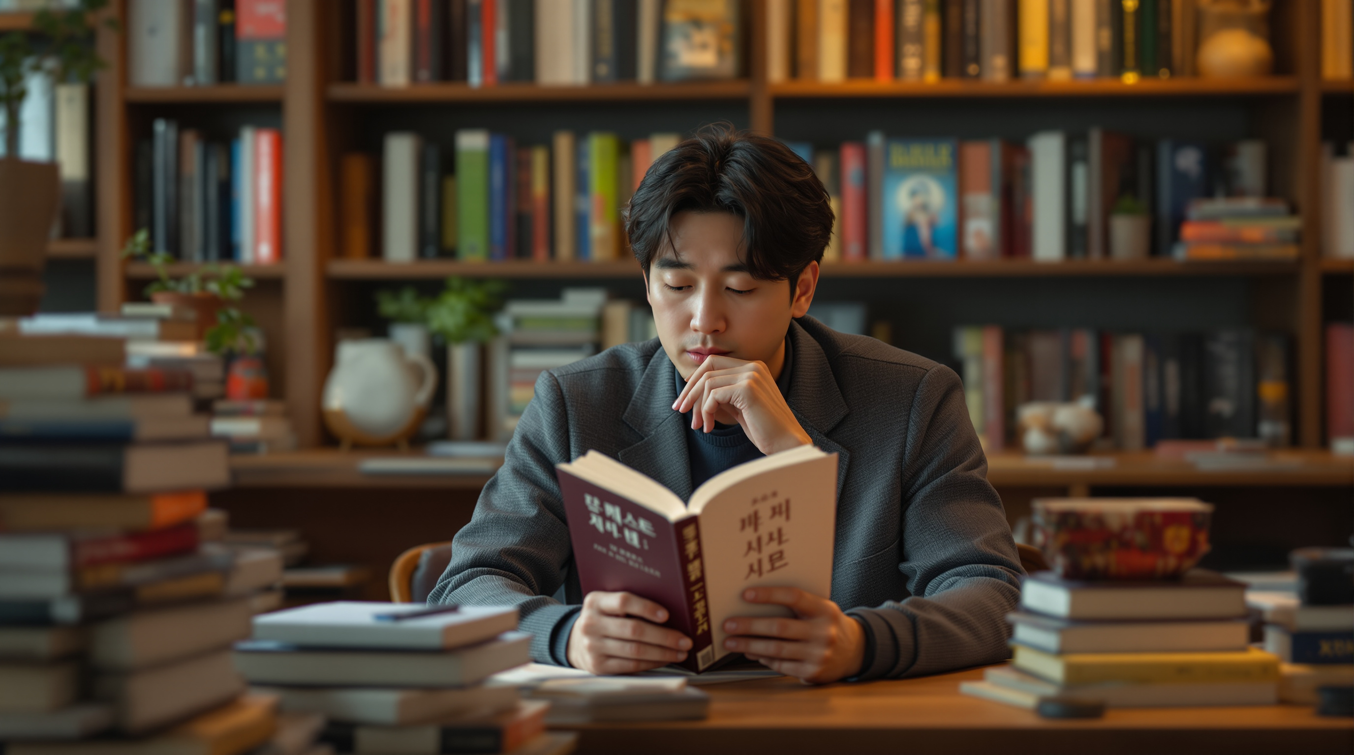 카페에서 생각에 잠긴 작가가 새로 출간된 소설 『절창』을 들고 있는 모습