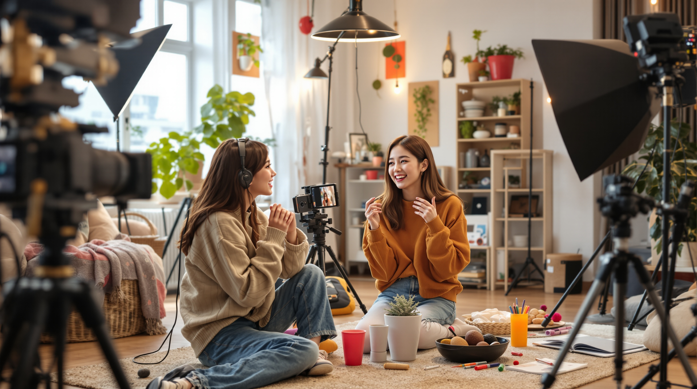 두 자매가 밝은 홈 스튜디오에서 유쾌한 유튜브 영상을 촬영하는 모습