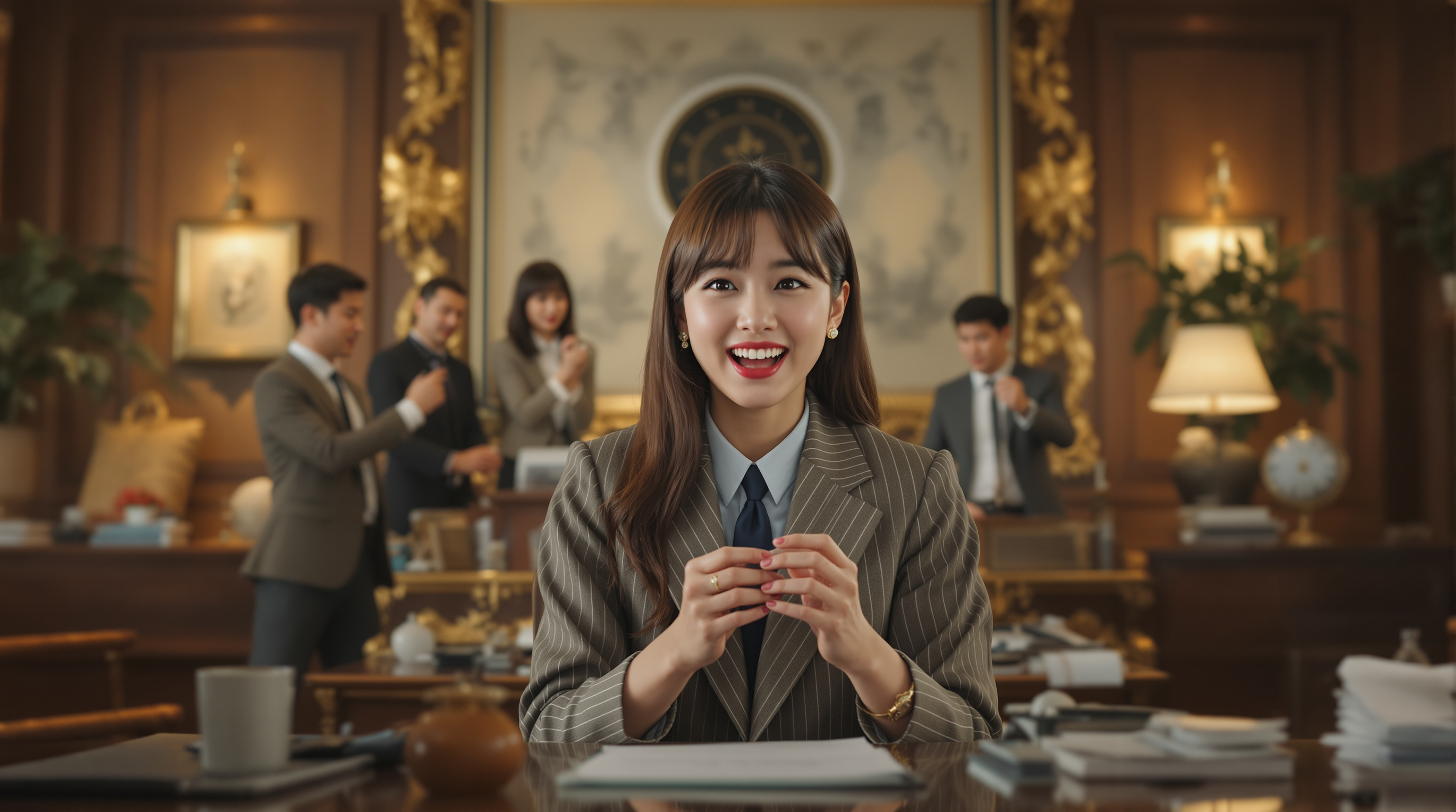 럭셔리한 오피스에서 다양한 캐릭터로 연기하는 젊은 여성의 코믹 상황극