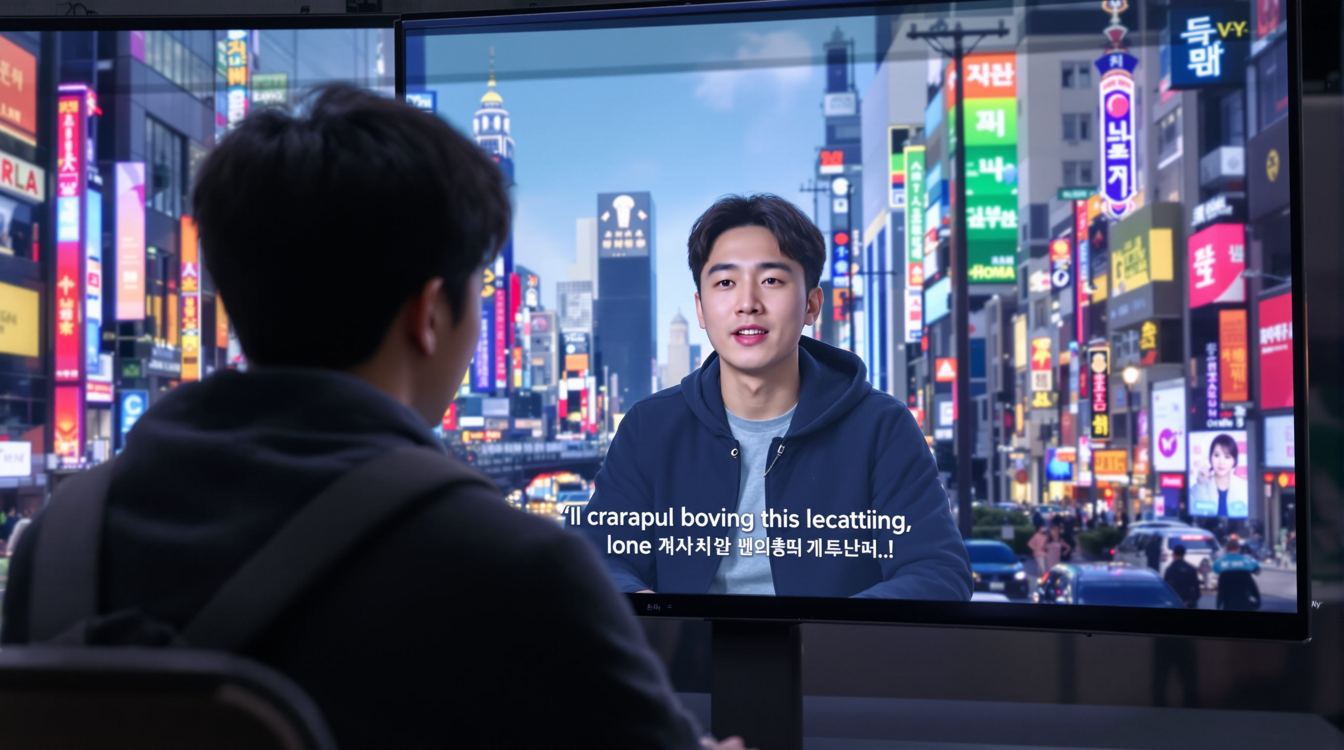 다국적 도시 배경에서 영어 브이로그를 녹화하는 한국인의 모습