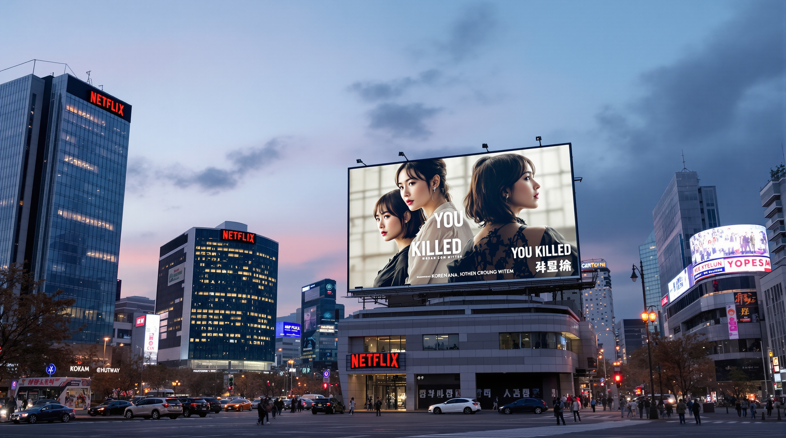 서울 도심의 큰 넷플릭스 광고판에 '당신이 죽였다' 드라마 홍보 이미지
