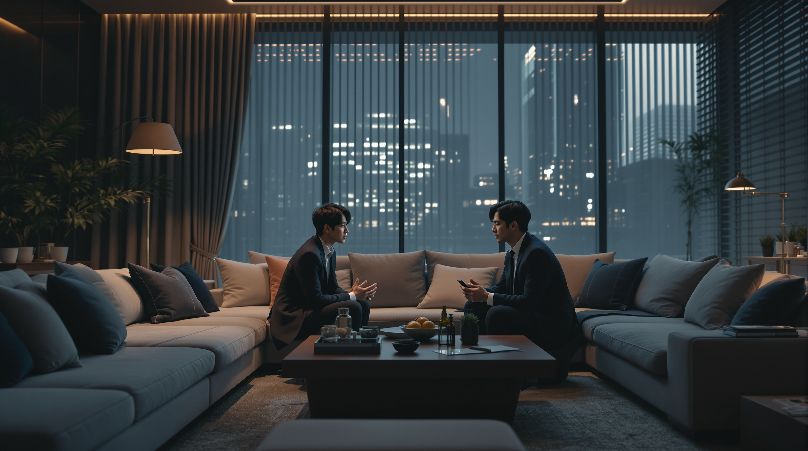 고급 아파트 거실에서 긴장감을 표현하는 드라마 촬영 장면