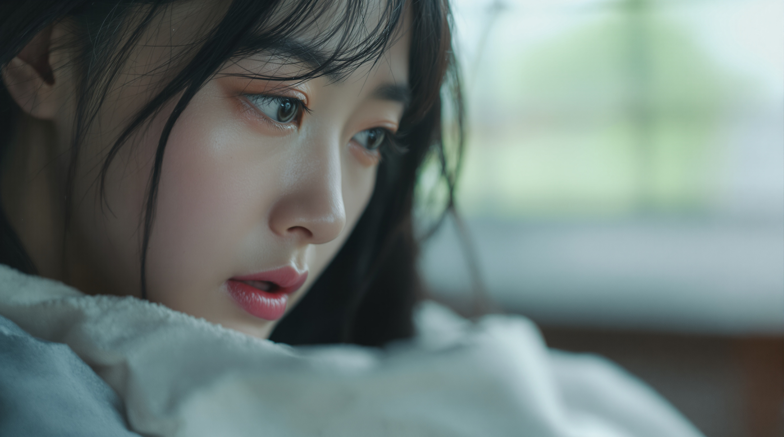 감정적 갈등을 표현하는 여배우의 클로즈업 이미지