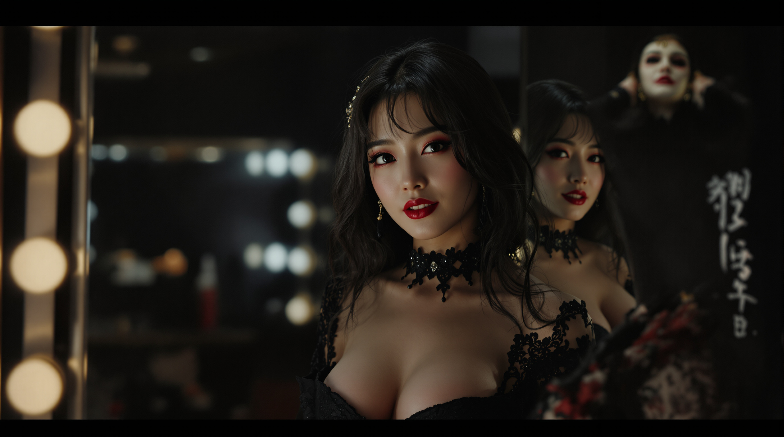 화려하면서도 음흉한 미소를 짓고 있는 여배우의 이중적인 모습