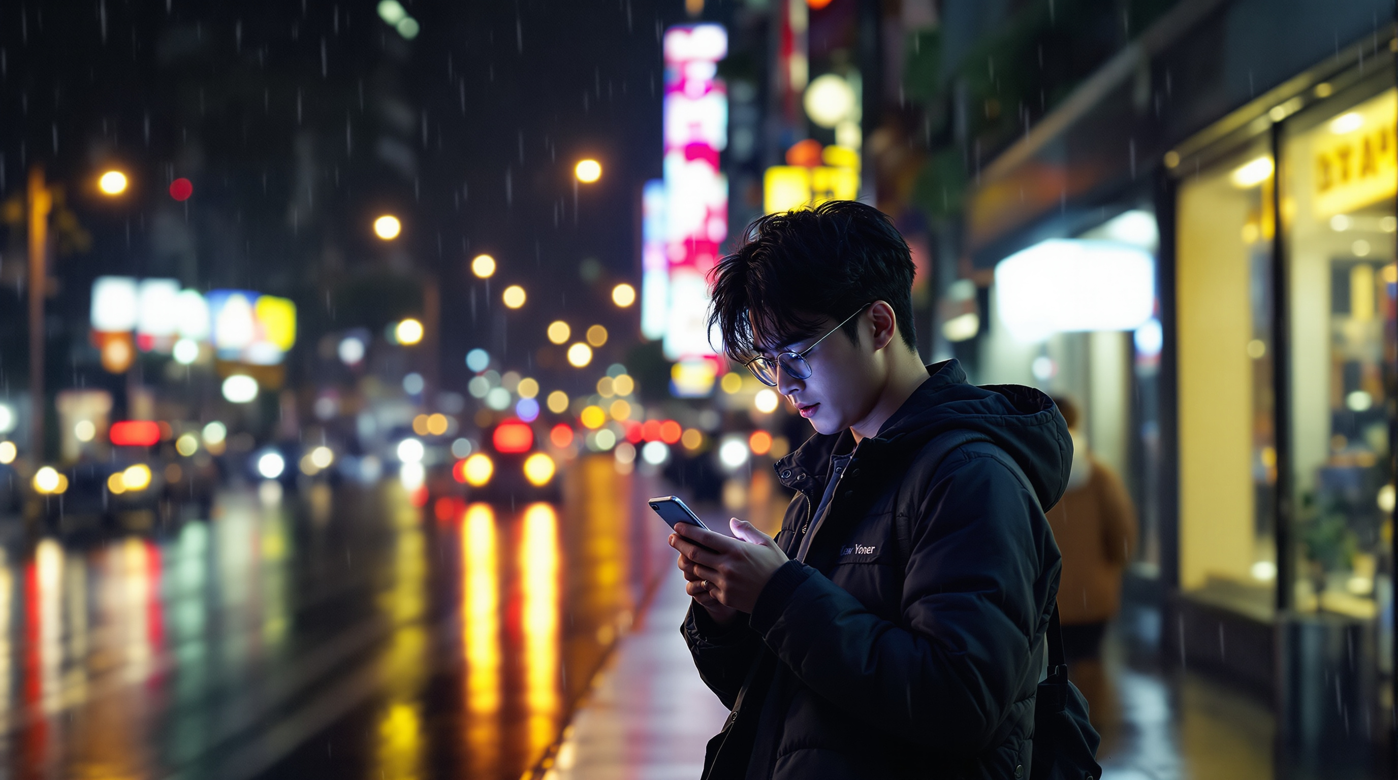 비 내리는 도시 거리에서 핸드폰 메시지를 바라보며 생각에 잠긴 남자의 모습