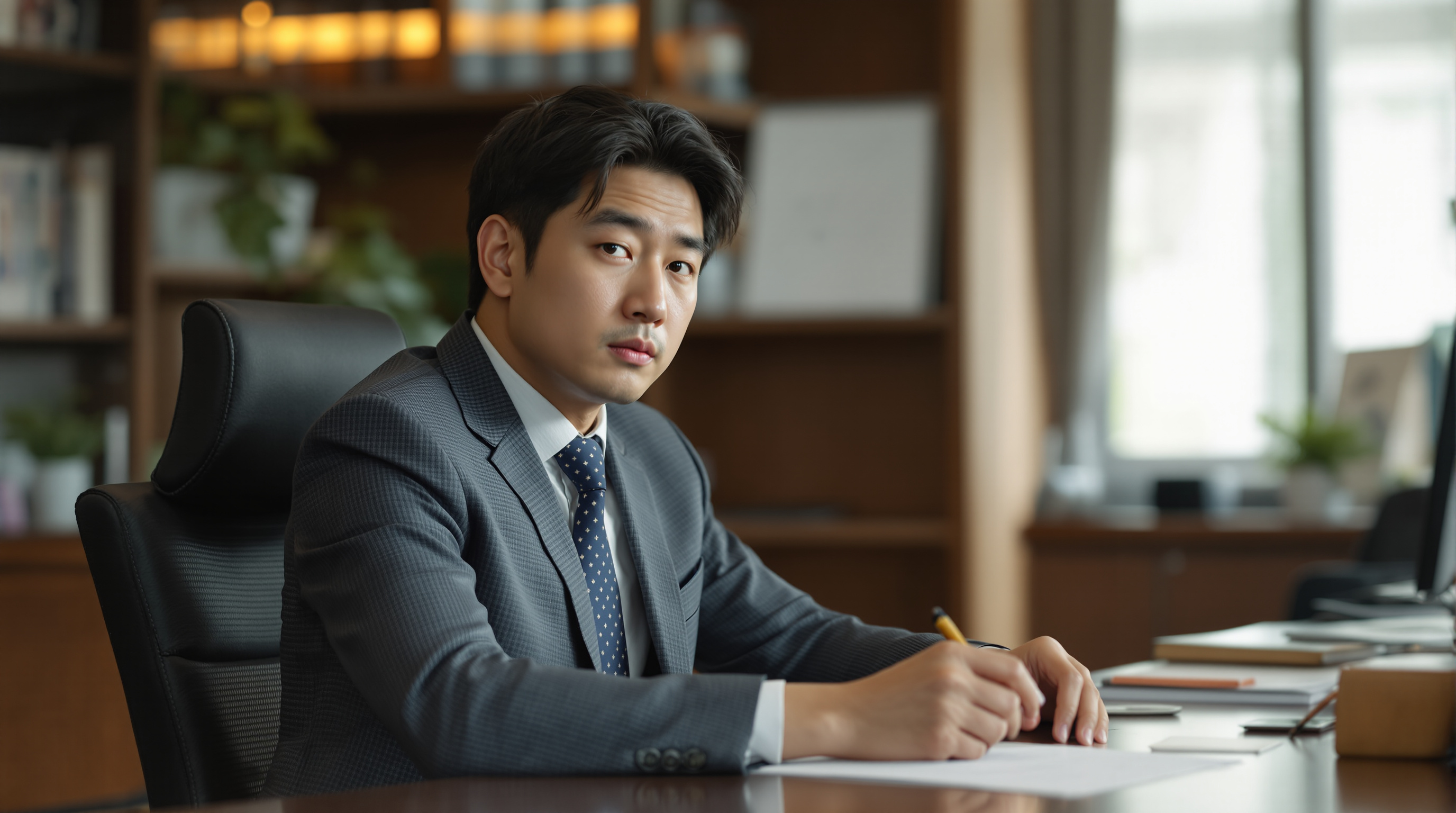 IMF 시대 배경의 사무실에서 진지한 표정의 젊은 사업가