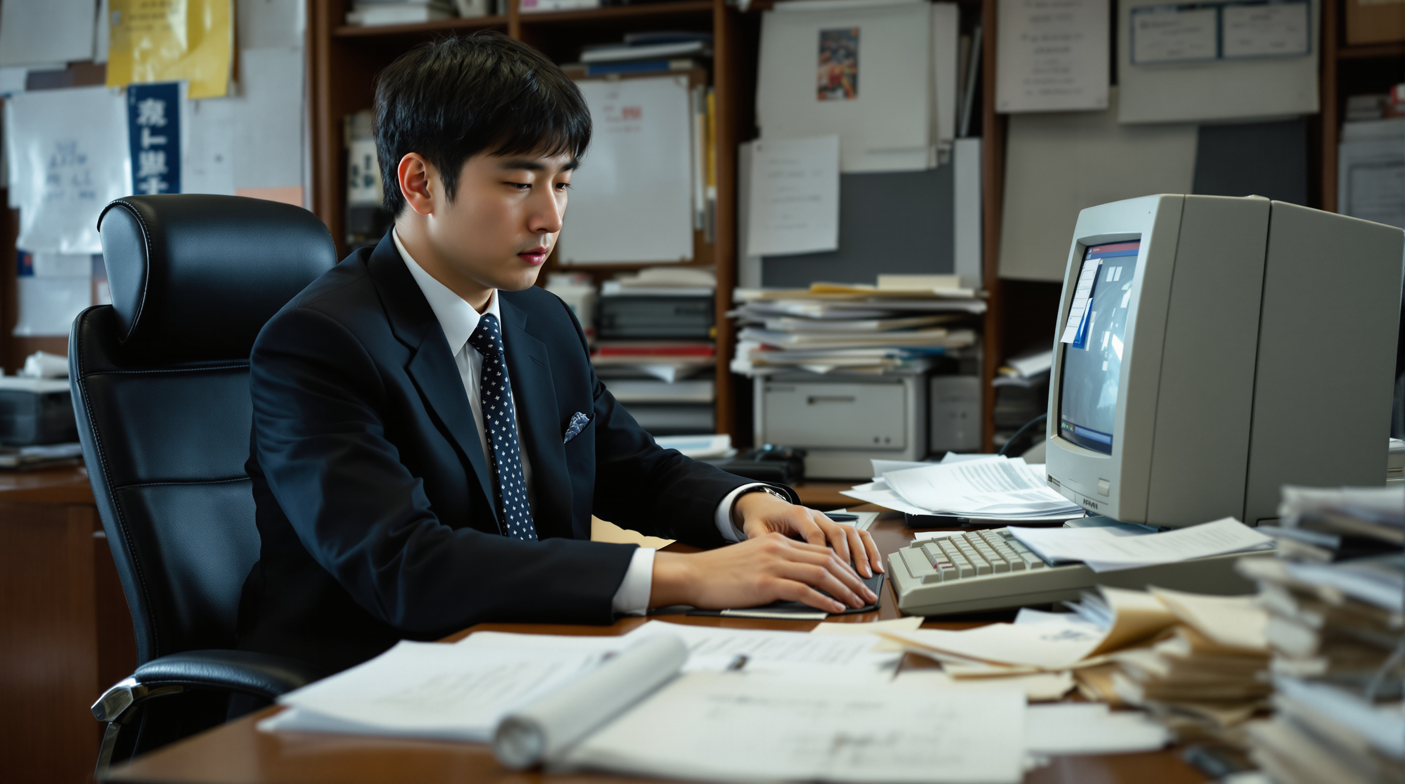 IMF 시대 배경의 사무실에서 일하는 한국 직장인의 모습