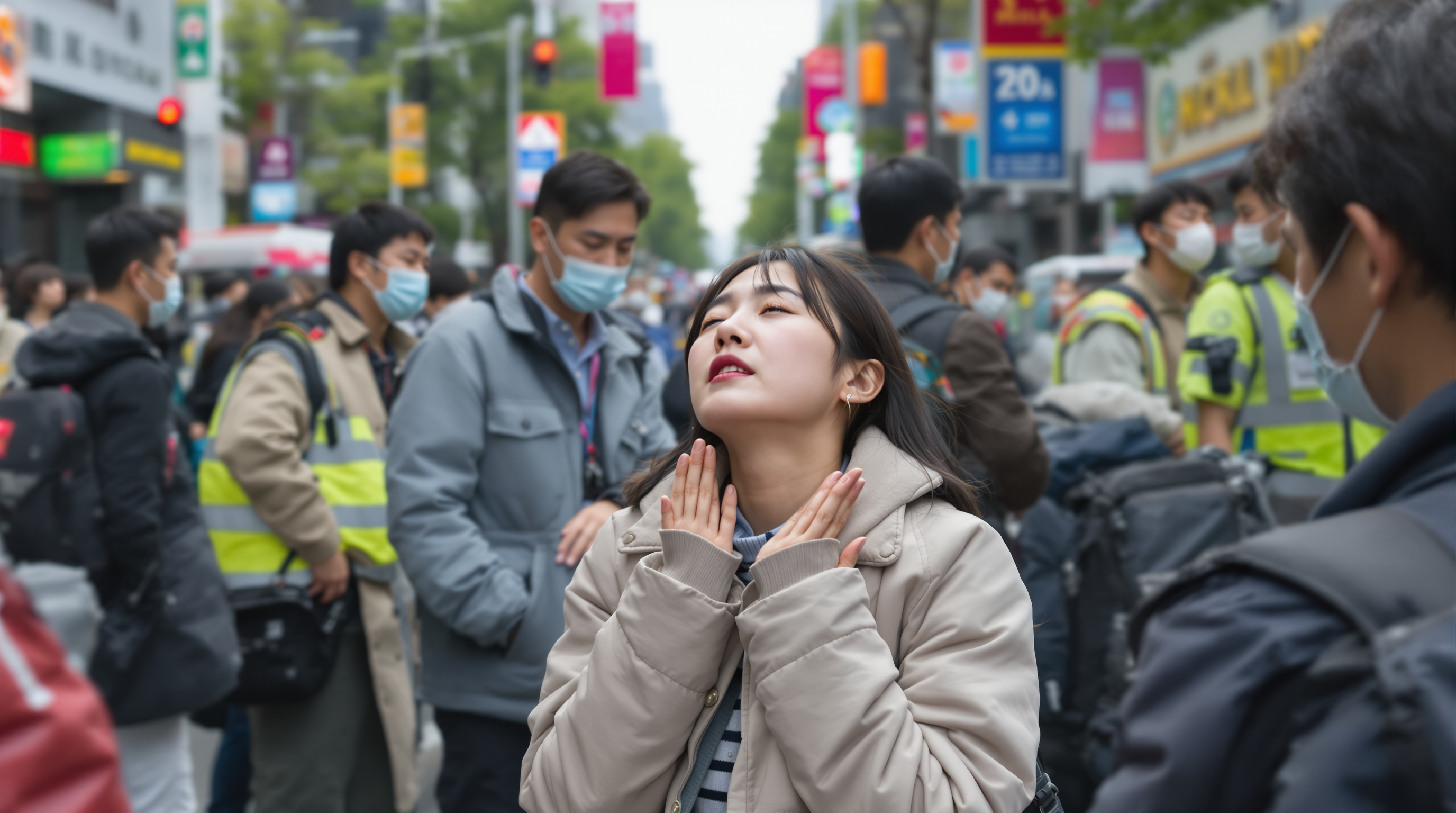 도심 거리에서 어지럼증과 실신을 겪고 있는 여성과 주위 사람들