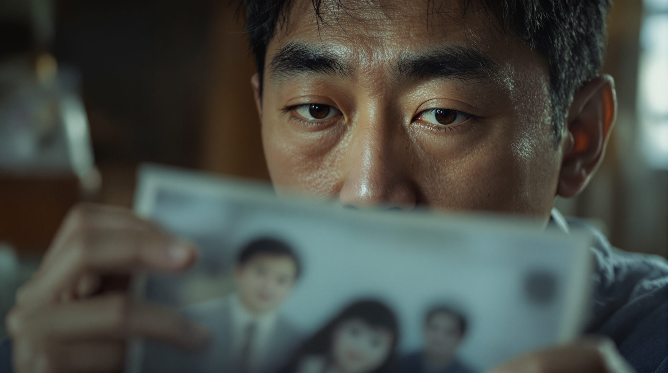 가족 사진을 바라보며 상실과 결연함이 느껴지는 인물