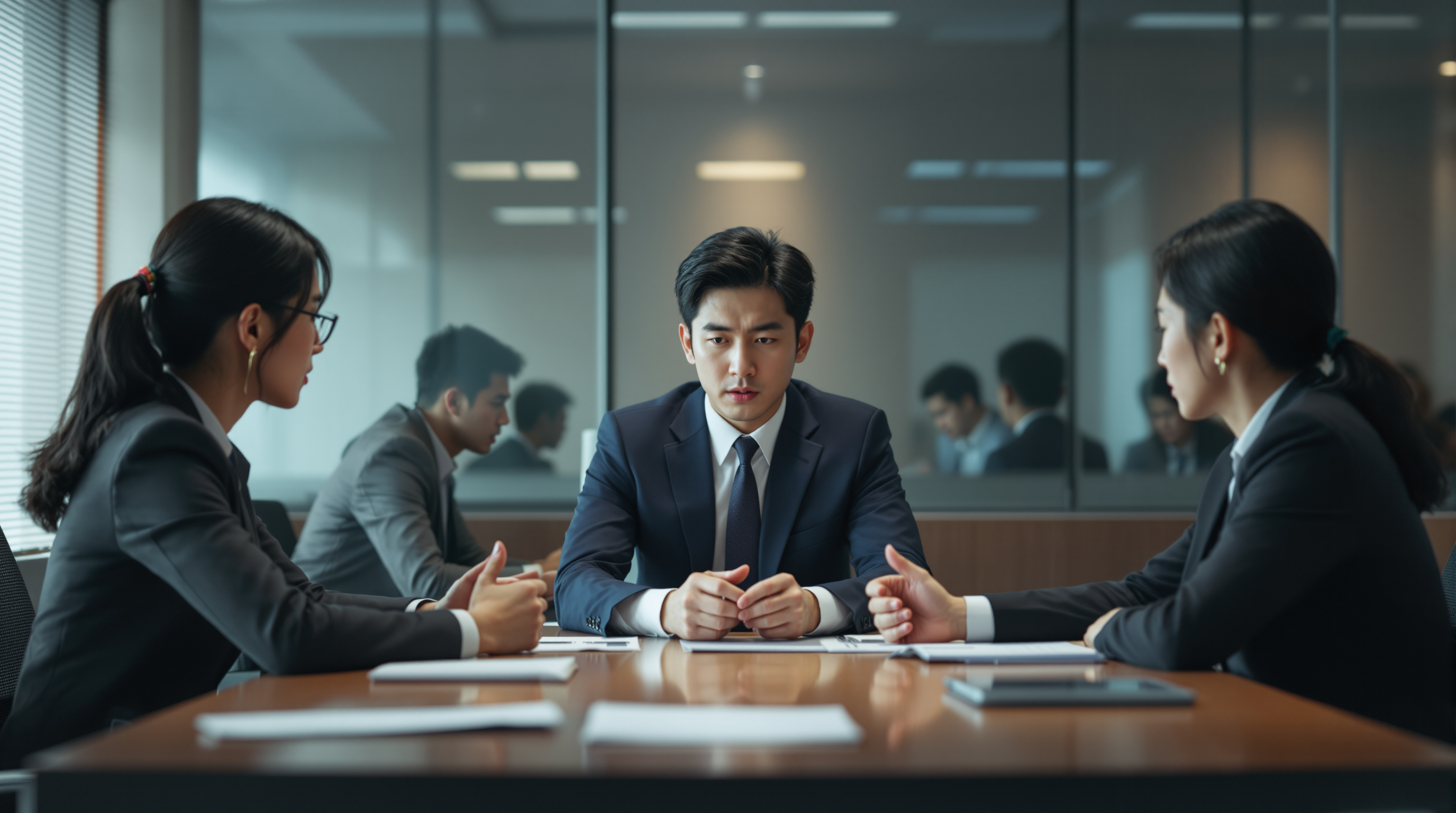 사무실에서 긴장감 넘치는 회의를 하는 장면