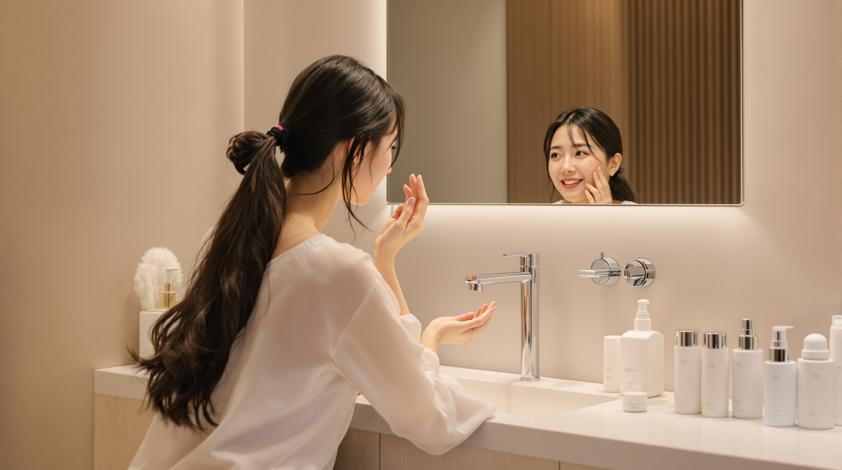 화장실에서 VT와 협업한 스킨케어 제품을 사용하는 여성