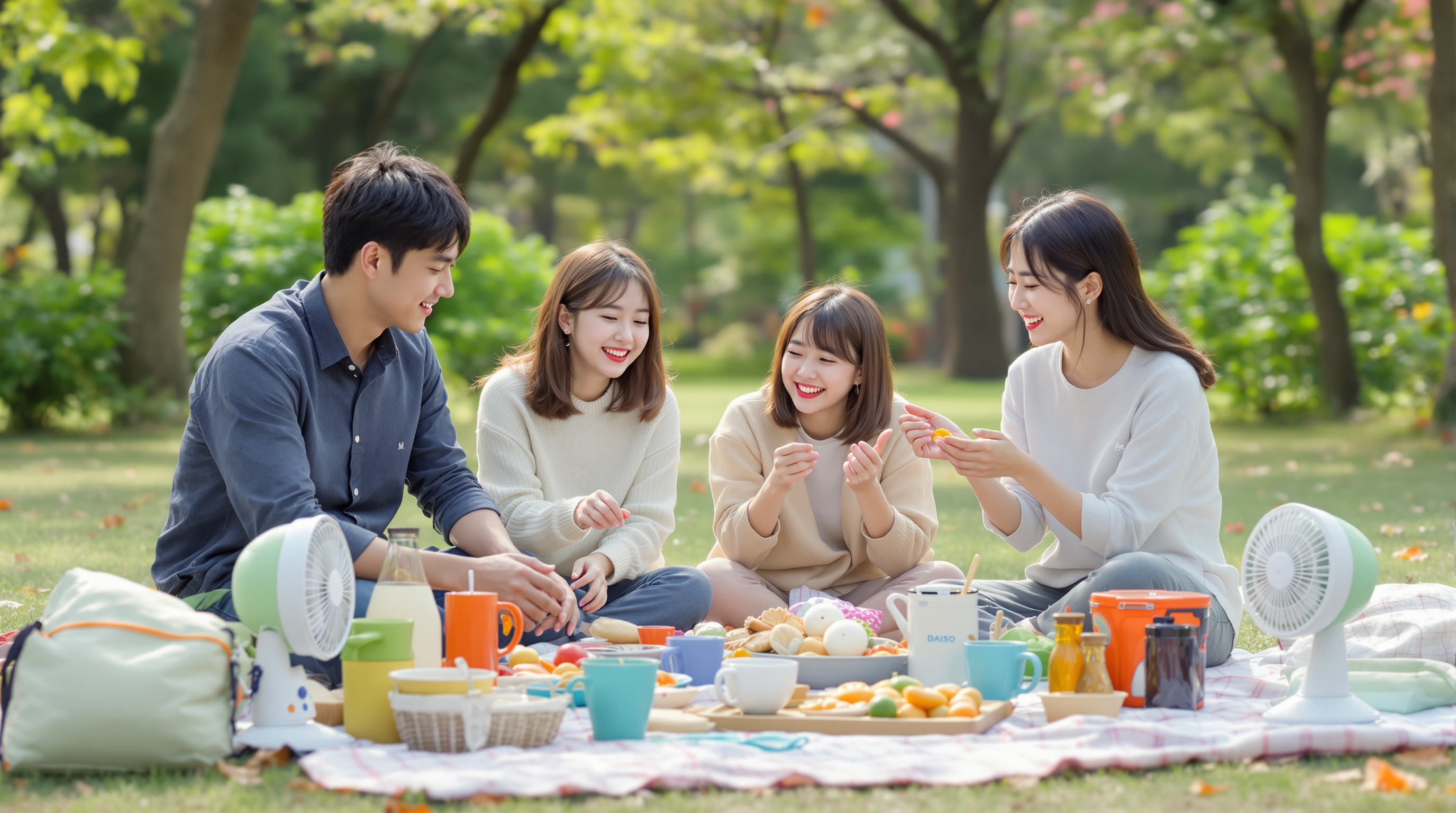 공원에서 다이소 캠핑 용품으로 피크닉을 즐기는 가족 모습